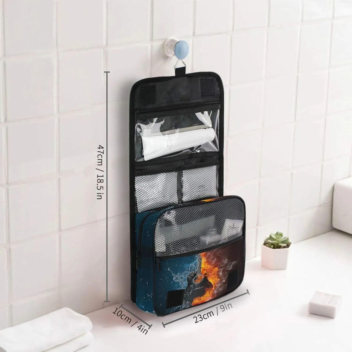 ALAZA Electric Guitar Water Fire Hanging Toiletry Bag for Women Travel Cosmetics Bag Large Capacity Makeup Pouch with Hook Bathroom Storage Bag Waterproof
