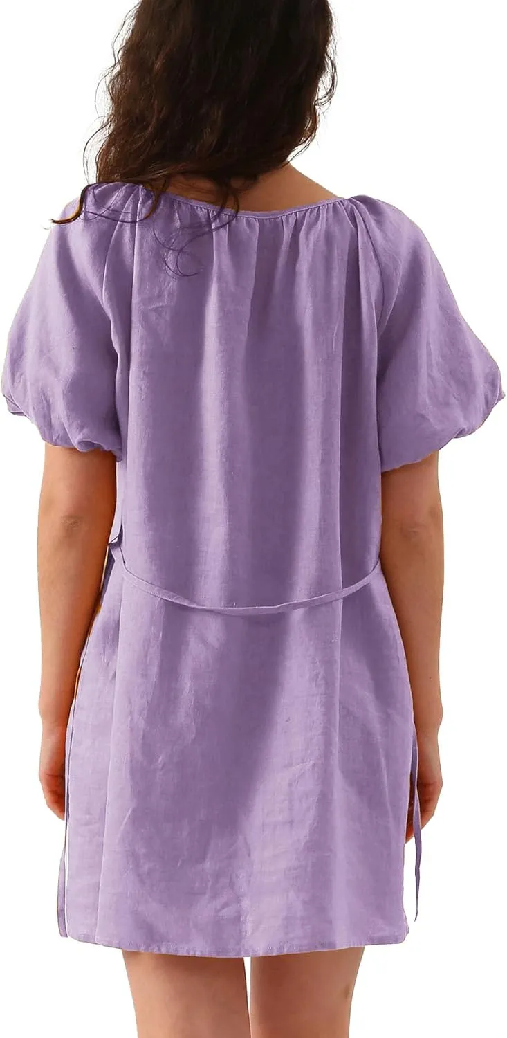 Amazhiyu Women’s Pure Linen Summer Puff Sleeve V Neck Mini Dress with Belt