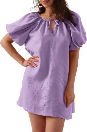 Amazhiyu Women’s Pure Linen Summer Puff Sleeve V Neck Mini Dress with Belt