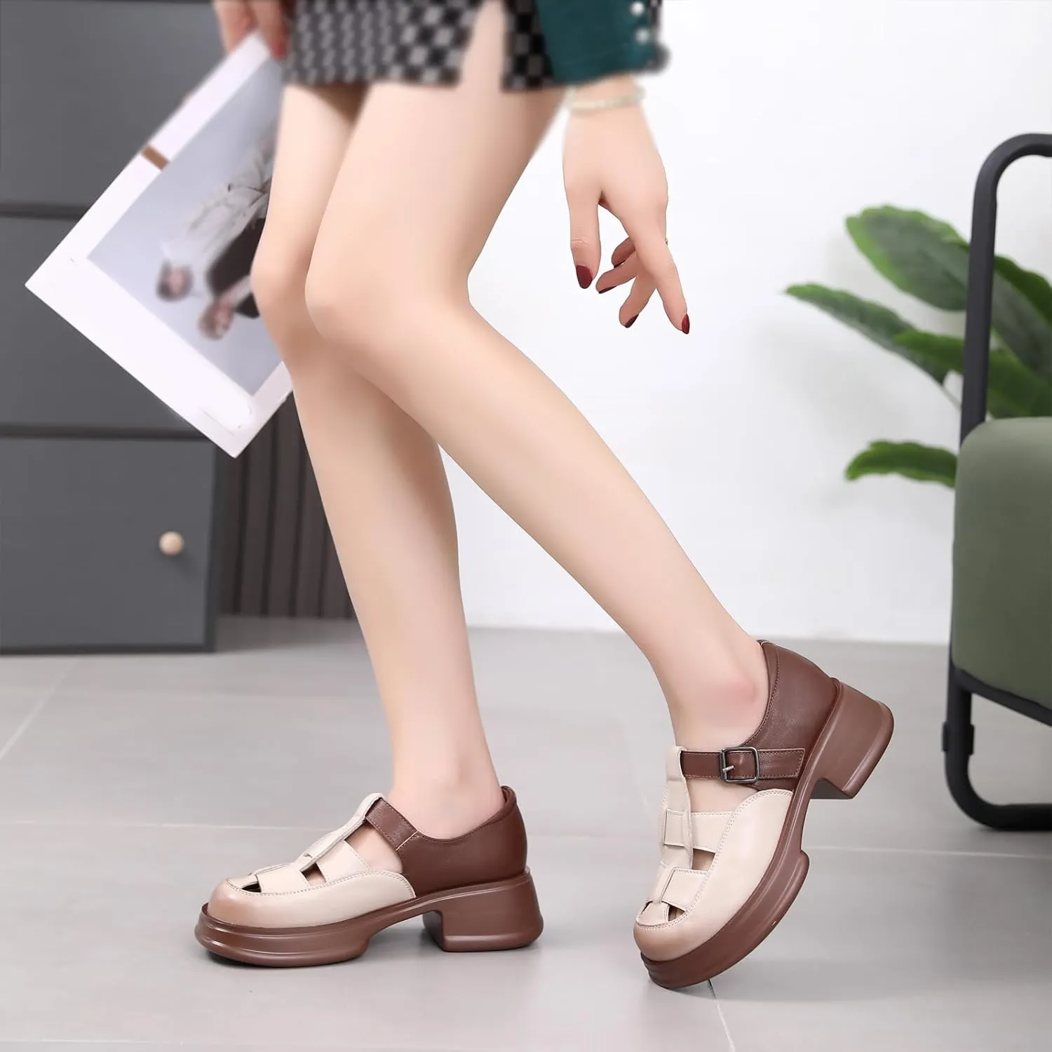 AMAZIDEAL Women's Leather Platform Fisherman Sandals with Ankle Buckle,Fashion Hollow Closed Toe Chunky Heel Gladiator Sandal,Breathable Beach Walking Sandals for Summer
