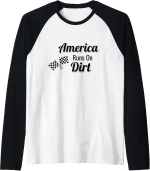 America Runs on Dirt Checkered Flat Racing Track Race Gear Raglan Baseball Tee