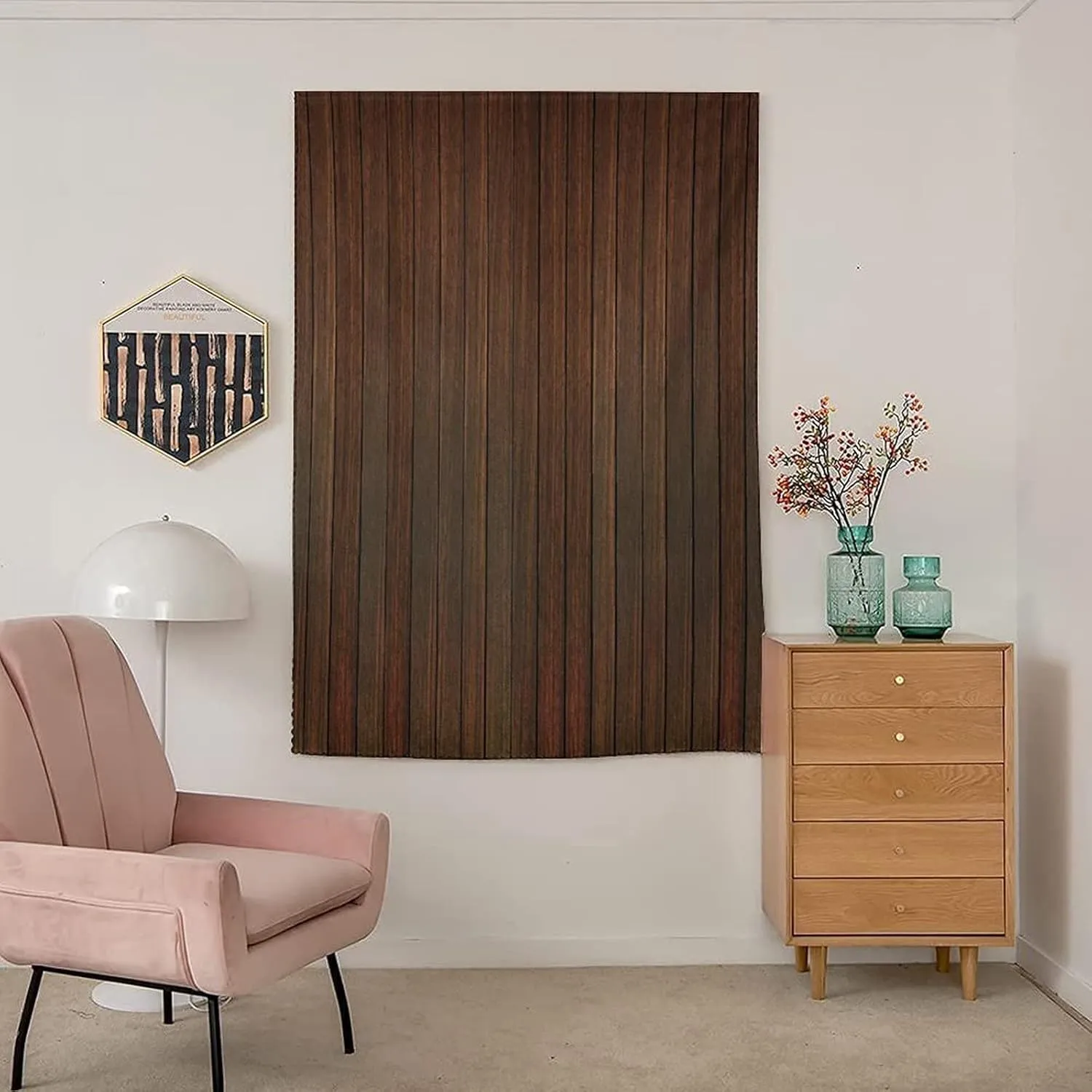 Anywhere Portable Blackout Curtain, Chocolate Door Window Curtains, Wooden Stripes Floor Background Retro Hardwood Print Bedroom Blackout Curtains,26W x40L Inch, for Bathroom Living Room Bedroom