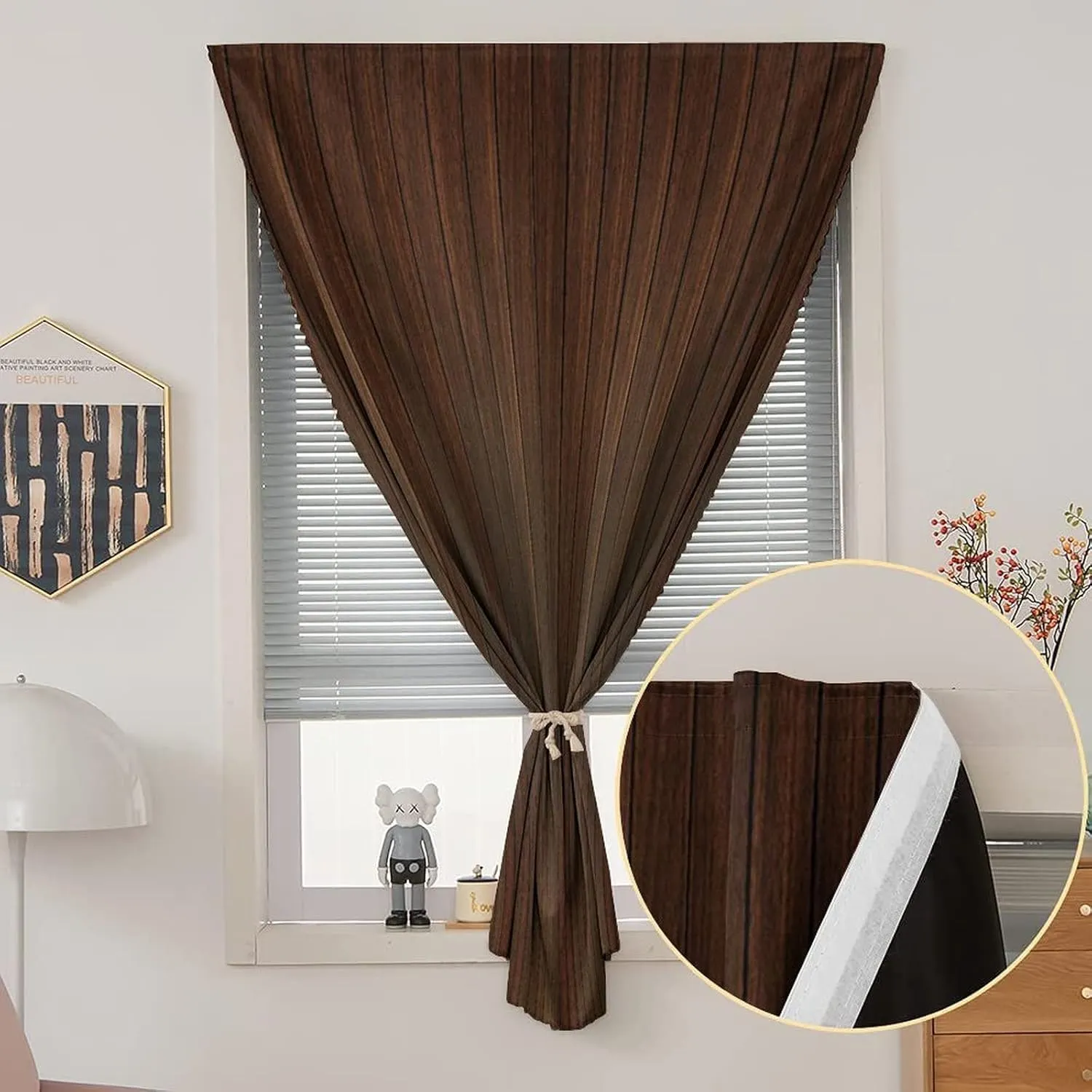 Anywhere Portable Blackout Curtain, Chocolate Door Window Curtains, Wooden Stripes Floor Background Retro Hardwood Print Bedroom Blackout Curtains,26W x40L Inch, for Bathroom Living Room Bedroom