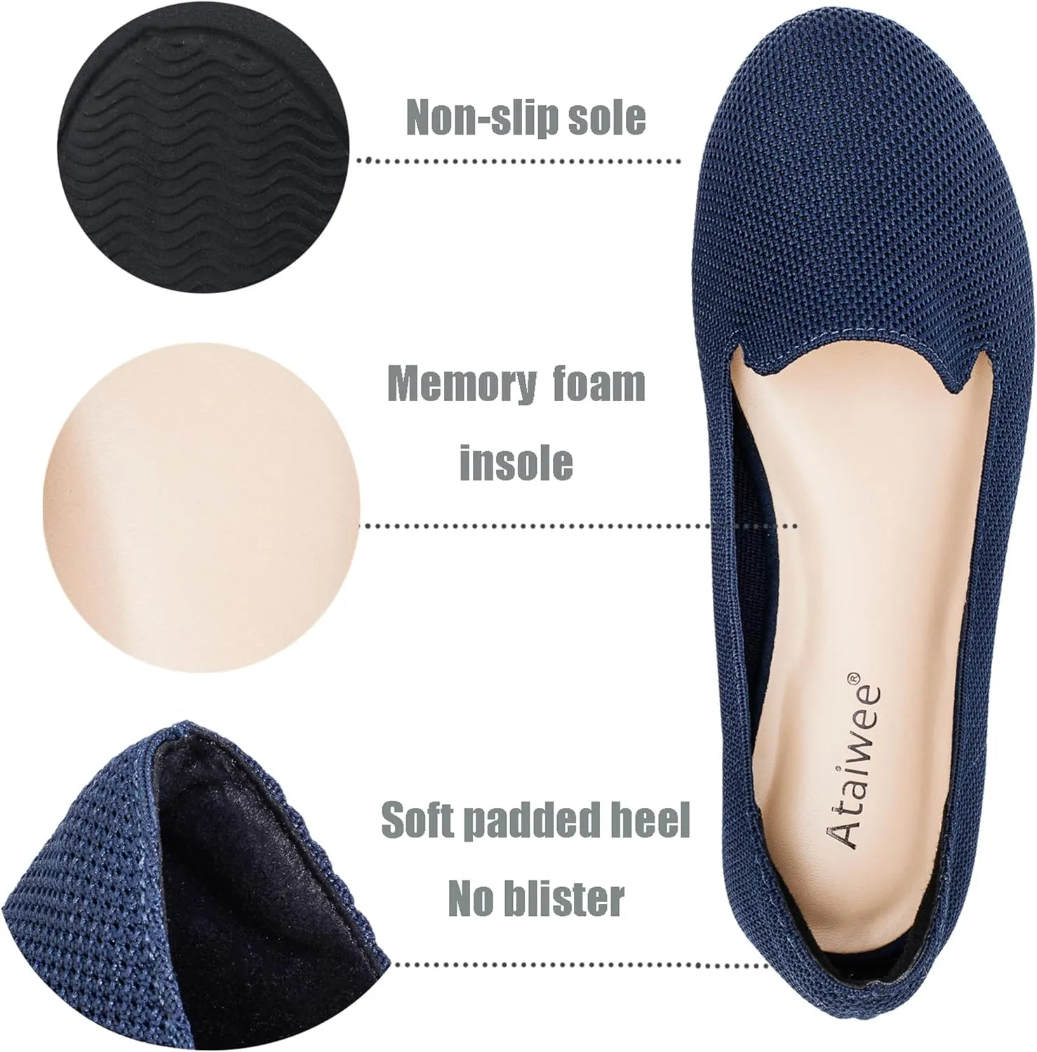 Ataiwee Women's Wide Width Flat Shoes - Casual Round Toe Breathable Plus Size Comfortable Non-Slip Loafers.