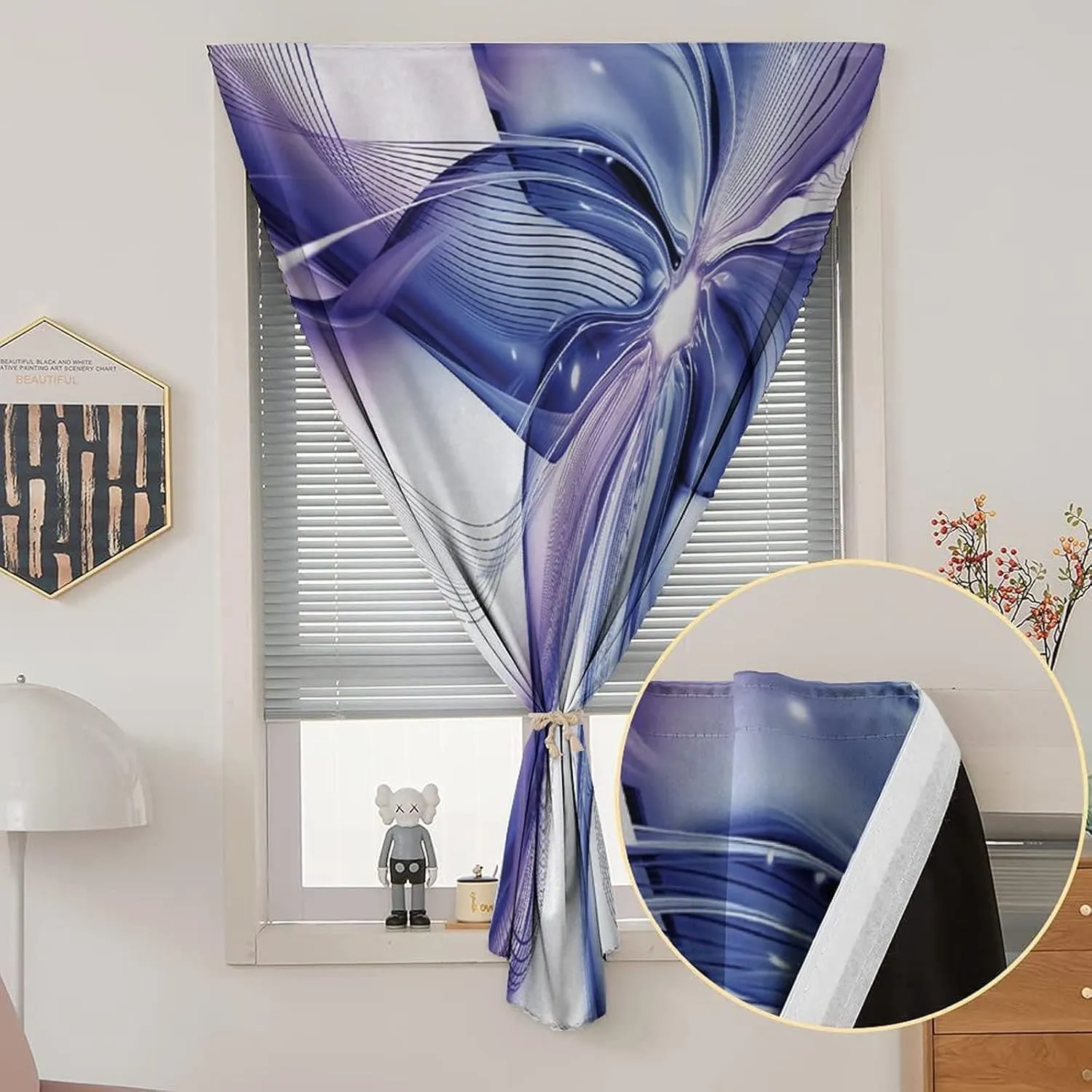 Autohesion Curtains, Abstract Window Curtain Panel, Geometrical Smoke like Striped Huge Flower Floral Design Print Living Room Bedroom Window Drapes,26W x40L Inch, for Bathroom Living Room Bedroom