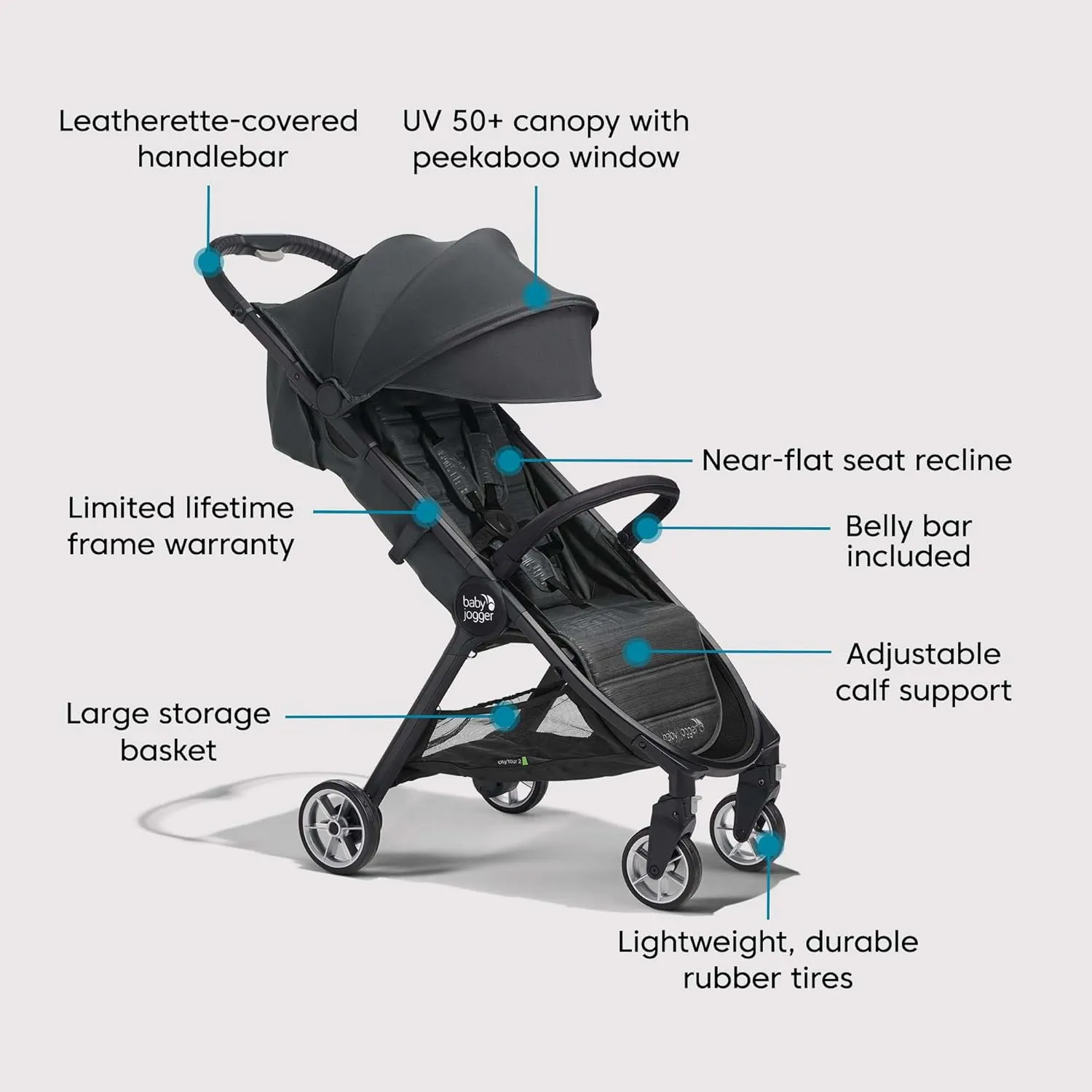 Baby Jogger City Tour 2 Ultra-Compact Travel Stroller, Lightweight, Foldable, Pike Exclusive Includes Belly Bar, Leatherette Handlebar, and Premium Fabric