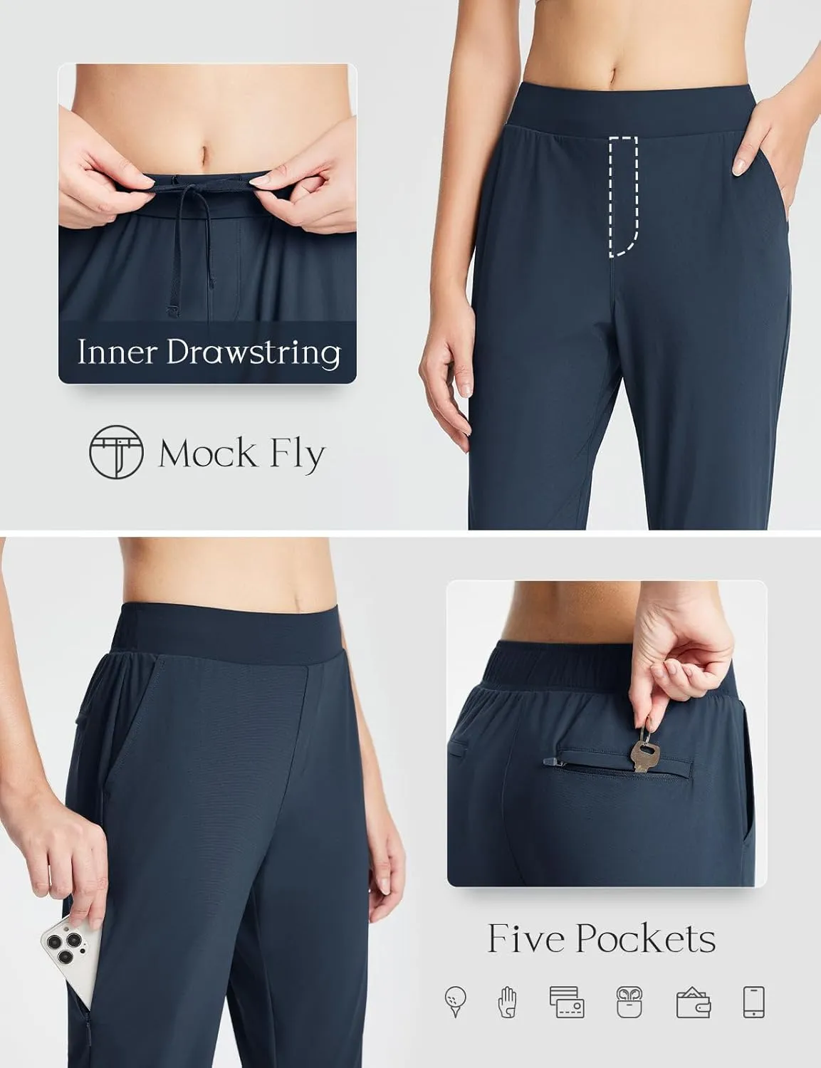 baleaf Women's Golf Pants Petite Stretch Lightweight 7/8 Travel Pants Zip Pockets Casual Work Ankle