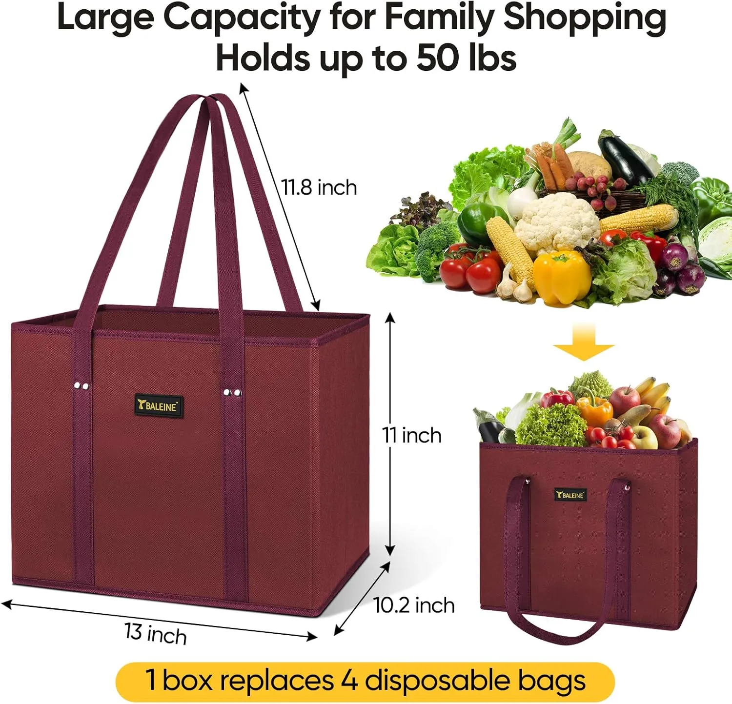 BALEINE 3Pk Reusable Grocery Bags, Foldable Shopping Bags for Groceries with Reinforced Bottom & Handles (Red)