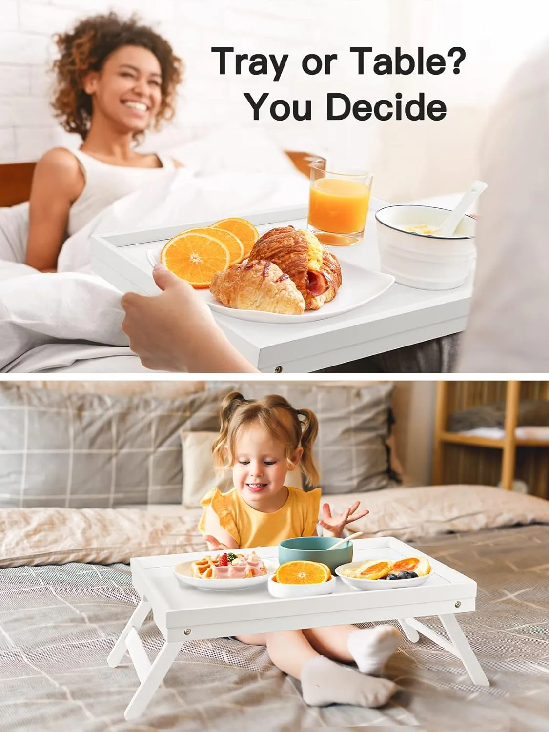 Bamboo Bed Tray for Breakfast, Snack Table with Folding Legs for Eating, Sofa, Couch, Working by Pipishell (White)