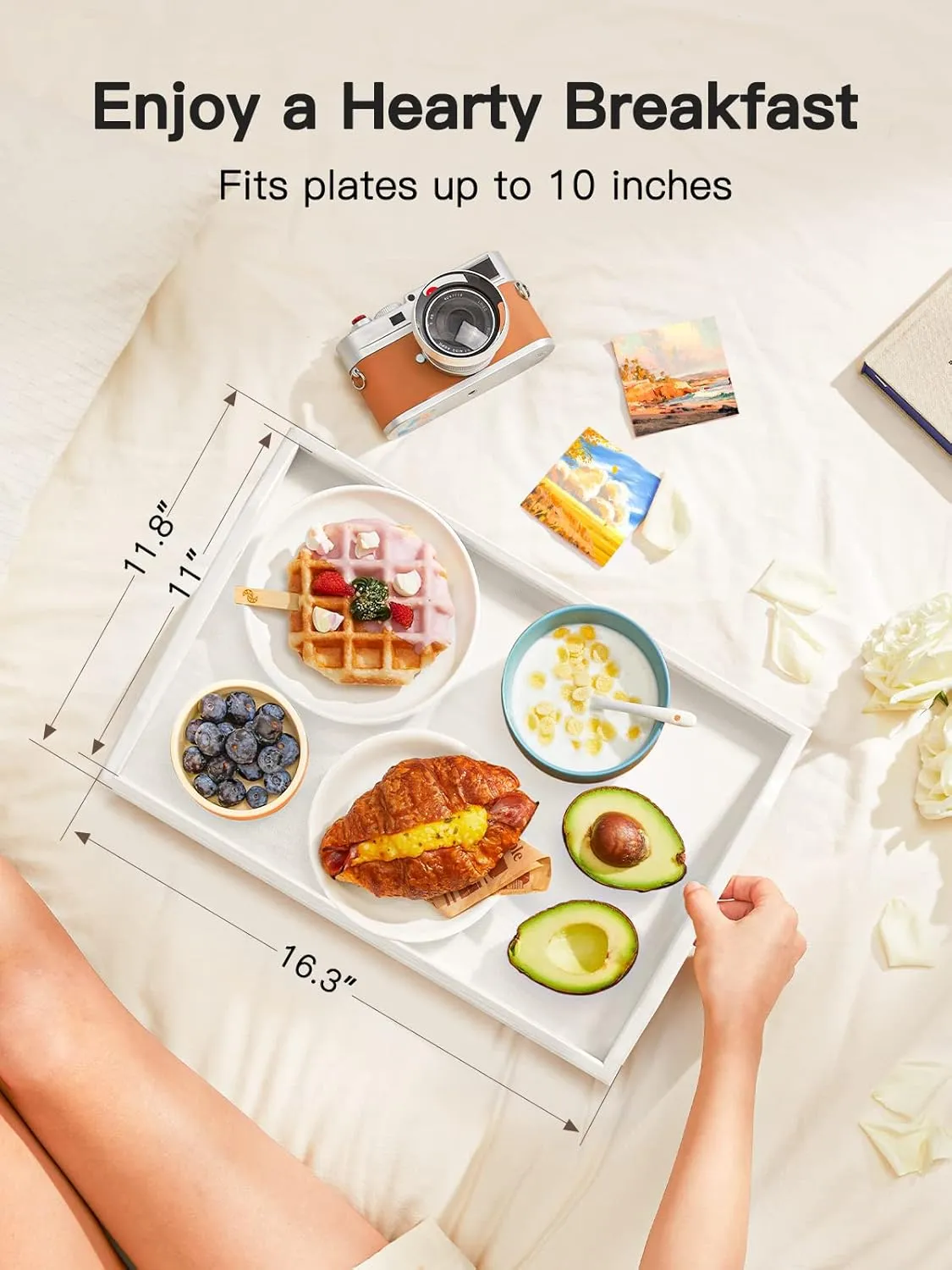 Bamboo Bed Tray for Breakfast, Snack Table with Folding Legs for Eating, Sofa, Couch, Working by Pipishell (White)