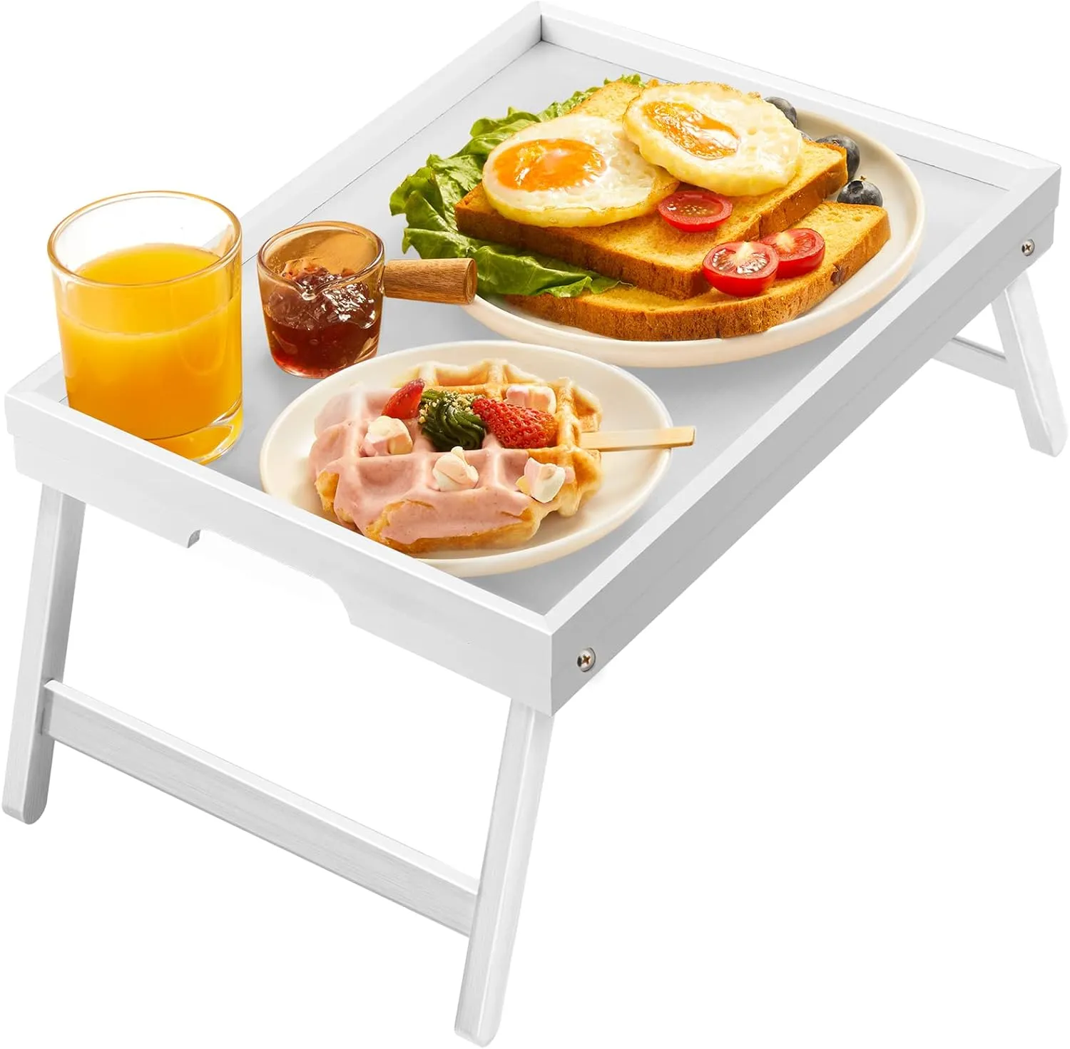 Bamboo Bed Tray for Breakfast, Snack Table with Folding Legs for Eating, Sofa, Couch, Working by Pipishell (White)