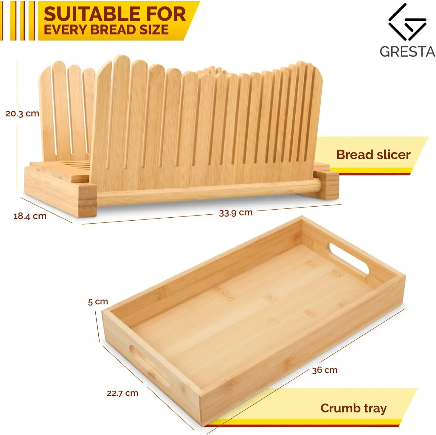 Bamboo Bread Slicer -Adjustable Bread Slicer for Homemade Bread with 3 Thickness Sizes - Foldable Board Loaf Slicer with Crumb Tray - Idea for Cakes, Sourdough Bread & Bagels. (Large without Knife)