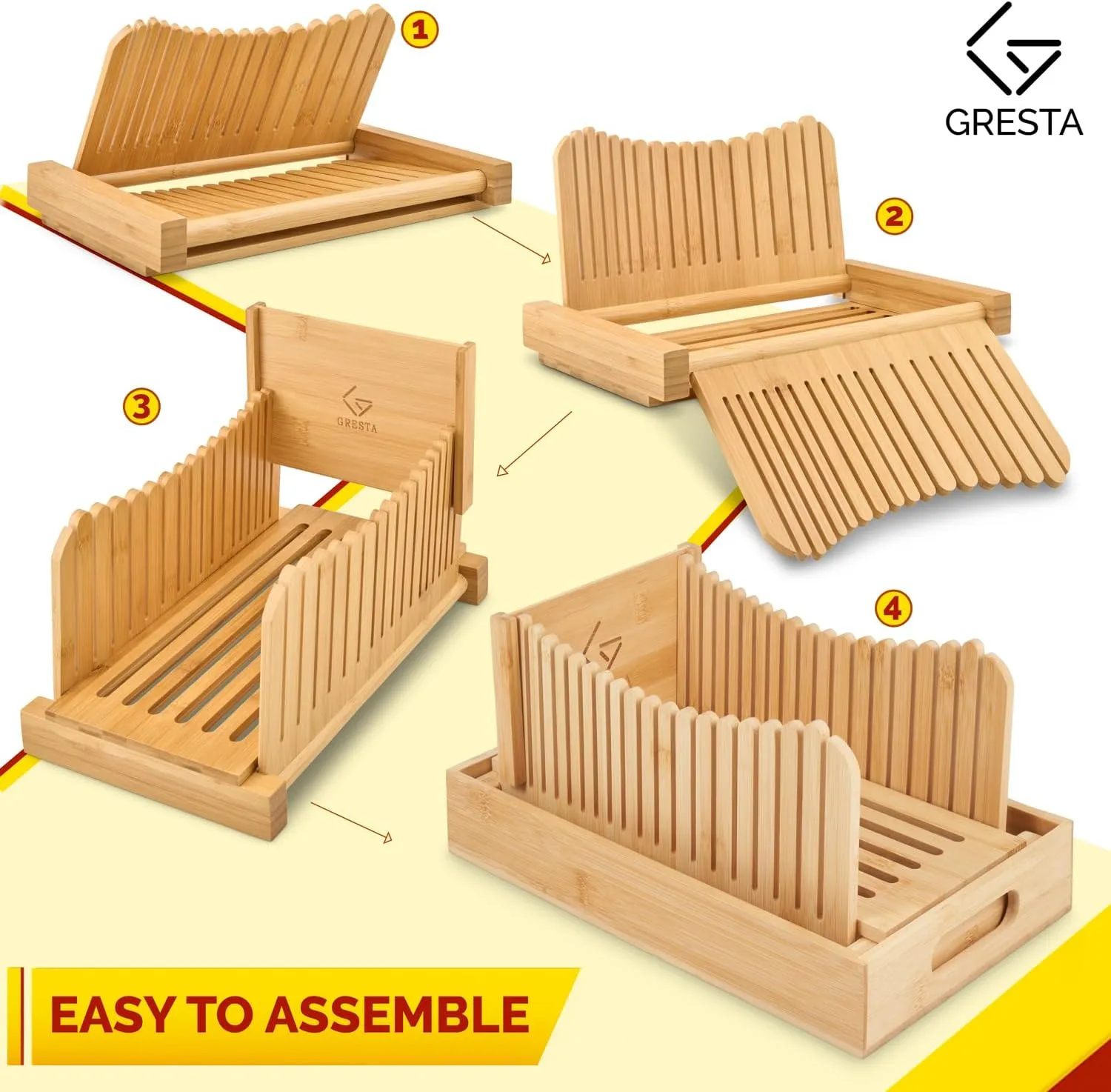 Bamboo Bread Slicer -Adjustable Bread Slicer for Homemade Bread with 3 Thickness Sizes - Foldable Board Loaf Slicer with Crumb Tray - Idea for Cakes, Sourdough Bread & Bagels. (Large without Knife)