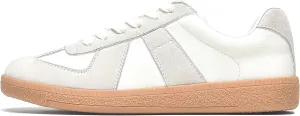 BEAU TODAY Retro Trainer Platform Sneakers for Women-Classic OG Sneaker Leather Walking Shoes with Patchwork Design Beige-Grey US 5.5