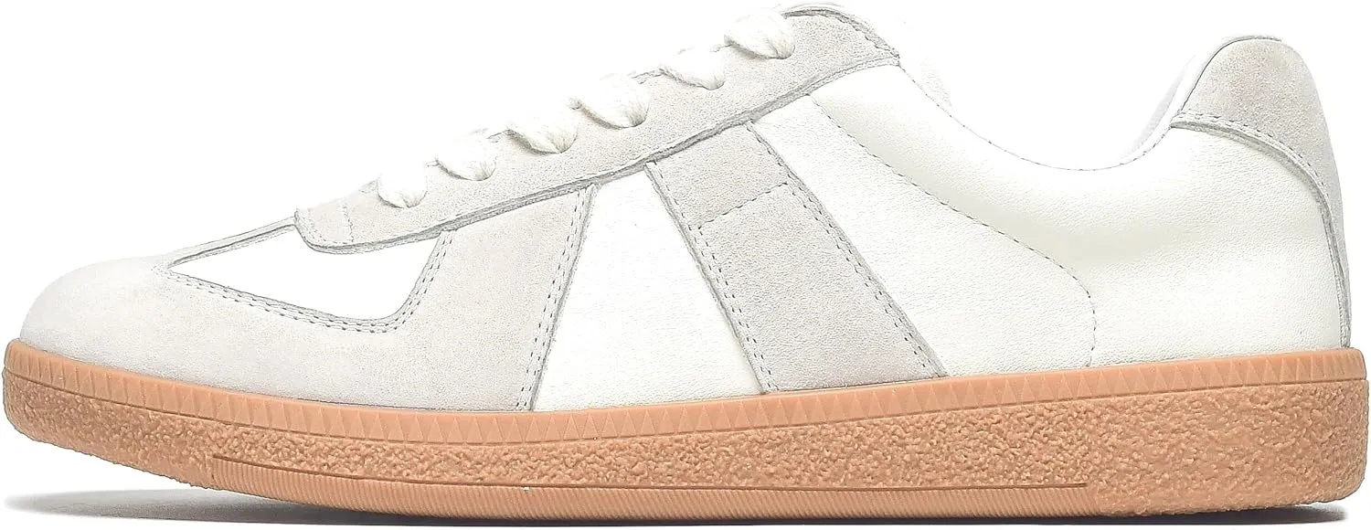 BEAU TODAY Retro Trainer Platform Sneakers for Women-Classic OG Sneaker Leather Walking Shoes with Patchwork Design Beige-Grey US 5.5