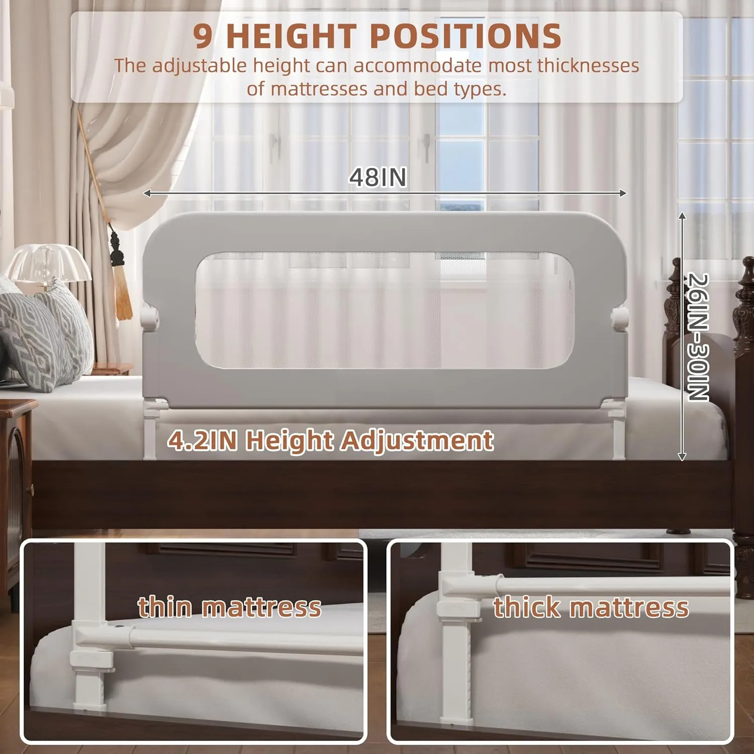 Bed Rail for Toddlers, Baby Bed Rail Guard for Kids, Toddler Bed Rails with Reinforced Anchor Fit, Height Adjustable & Foldable Bed Rail Guard for Twin, Full, Queen & King Beds (Grey, 48IN)