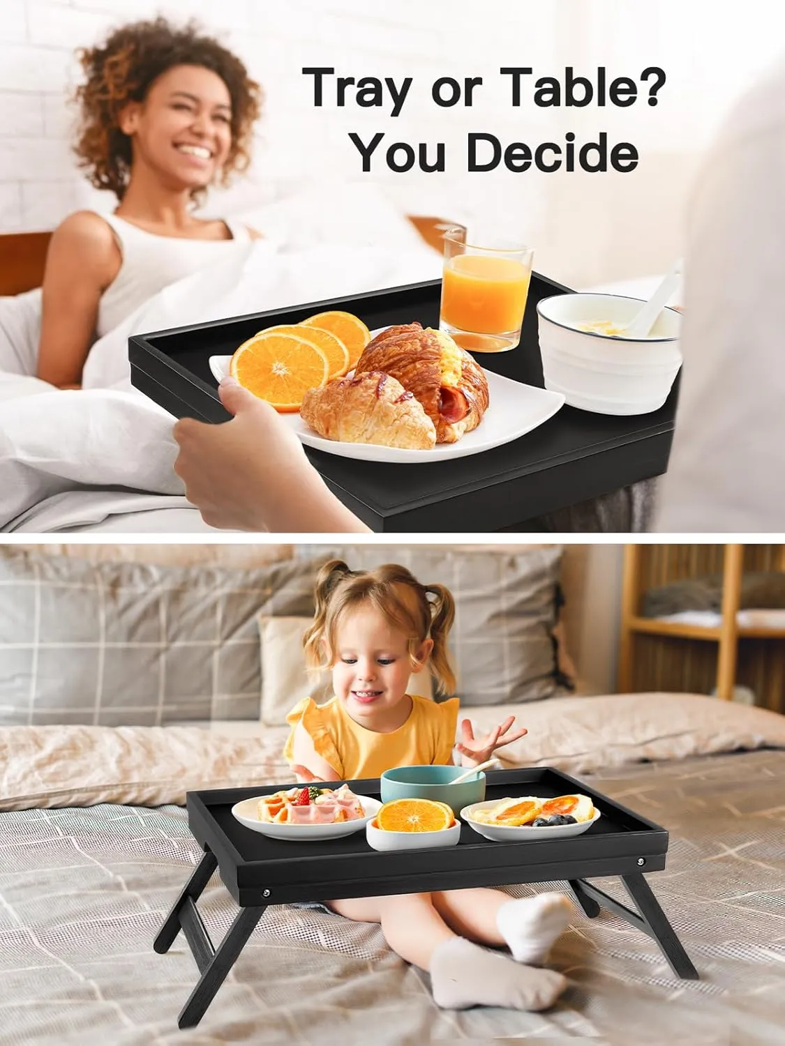 Bed Tray Table with Folding Legs Wooden Serving Breakfast in Bed or Use As a Platter Tray by Pipishell (Black)