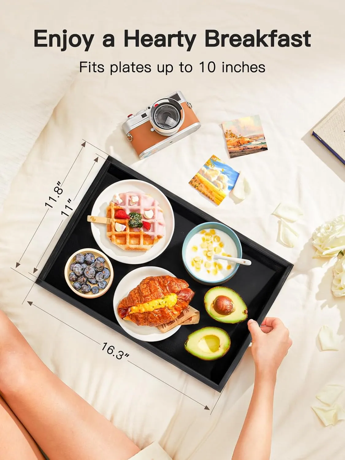 Bed Tray Table with Folding Legs Wooden Serving Breakfast in Bed or Use As a Platter Tray by Pipishell (Black)