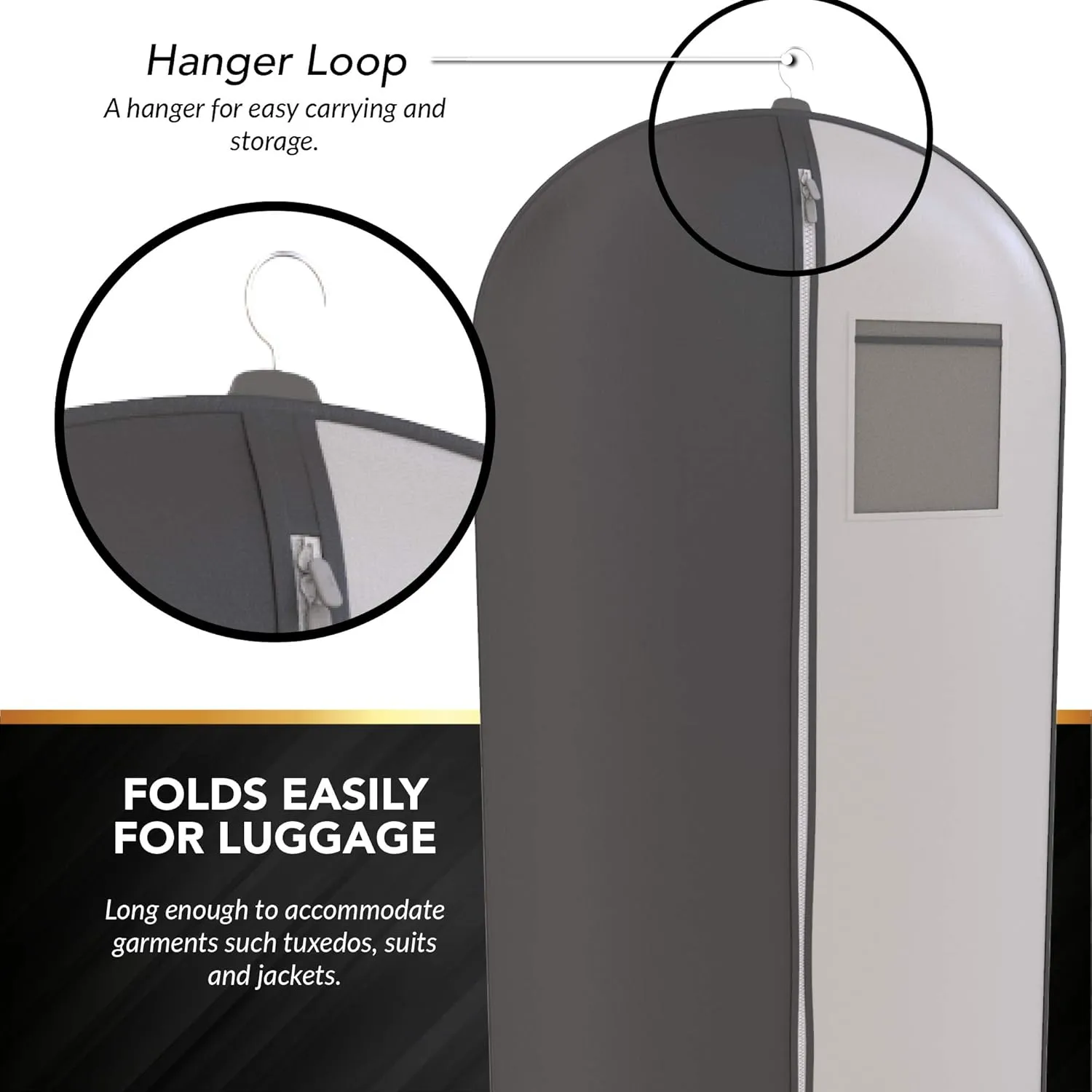 Black and Grey Suit Garment Travel Bags -ID Tag Window, Heavy Duty, Lightweight