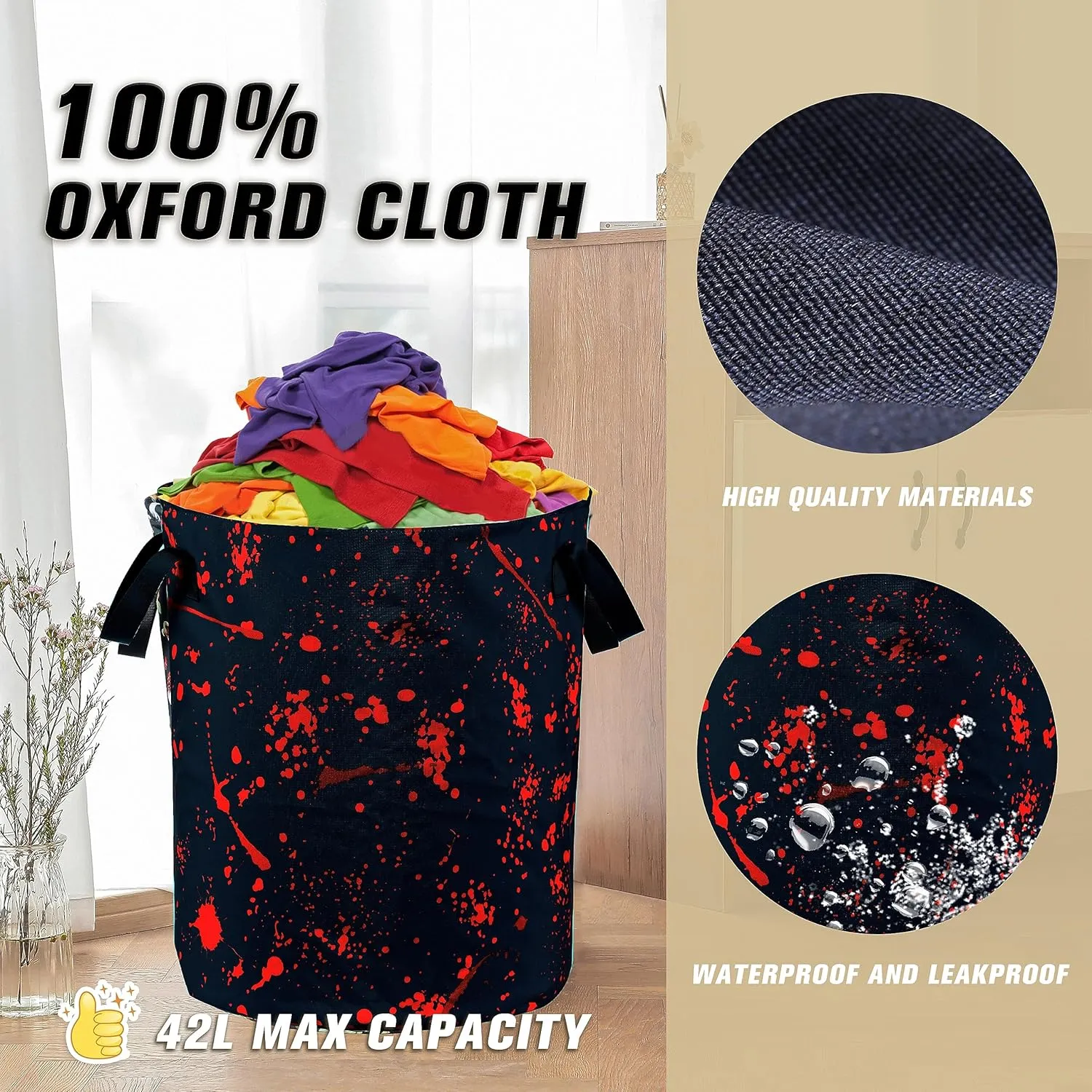 Blood Splattered Laundry Basket Blood Pattern Foldable Oxford Cloth Funny Tote Bag Laundry Hamper Clothes Storage Bucket Organizer For Bathroom/Laundry Storage/Bedroom 17.7x13.7 Inch