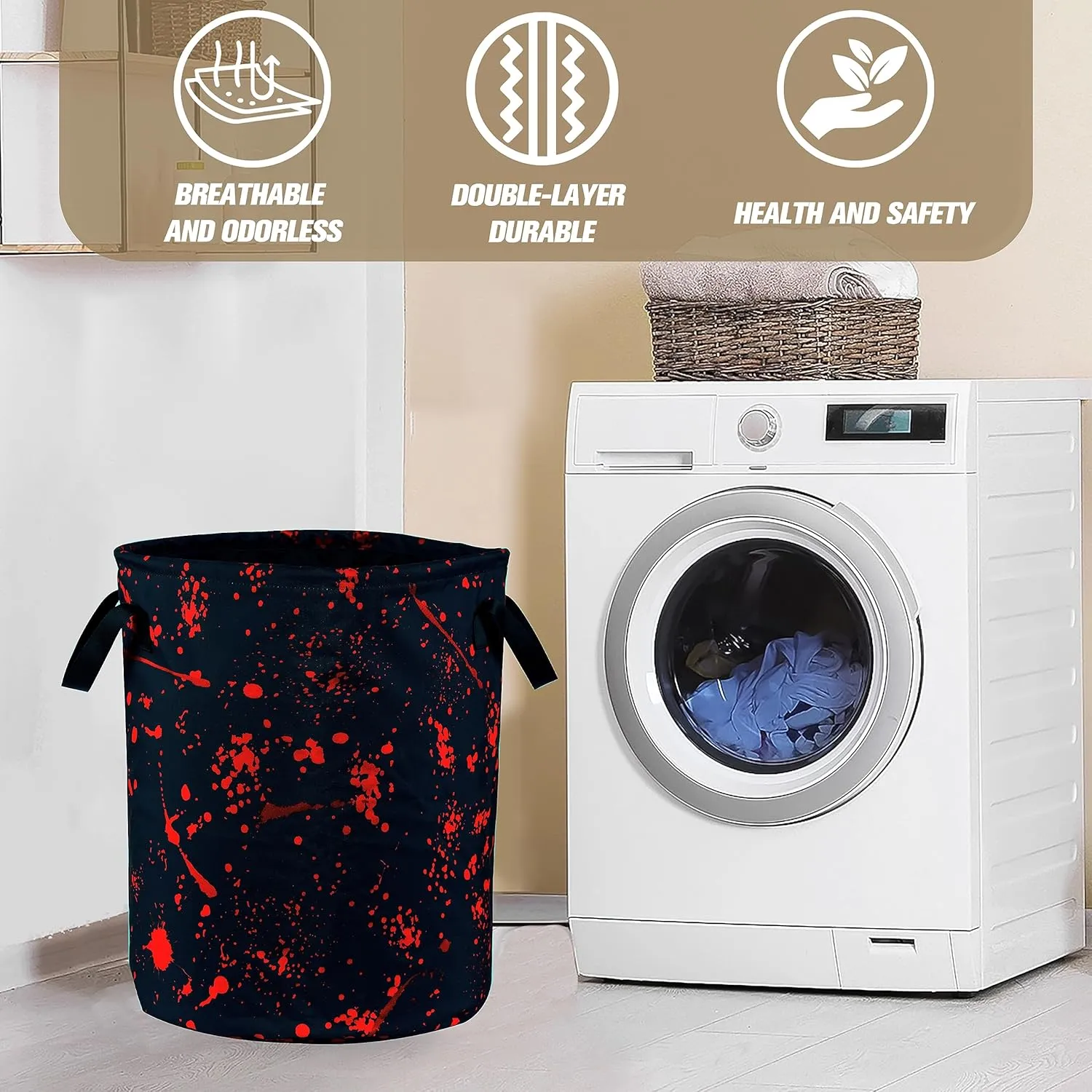 Blood Splattered Laundry Basket Blood Pattern Foldable Oxford Cloth Funny Tote Bag Laundry Hamper Clothes Storage Bucket Organizer For Bathroom/Laundry Storage/Bedroom 17.7x13.7 Inch