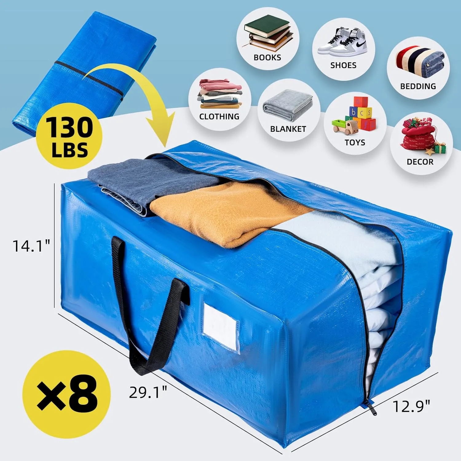 Blue 8 Packs Extra Large Moving Bags with Backpack Straps & Carrying Handles, Heavy-Duty Moving Boxes with Sturdy Zippers, Foldable Storage Totes for Dorm College Packing Supplies