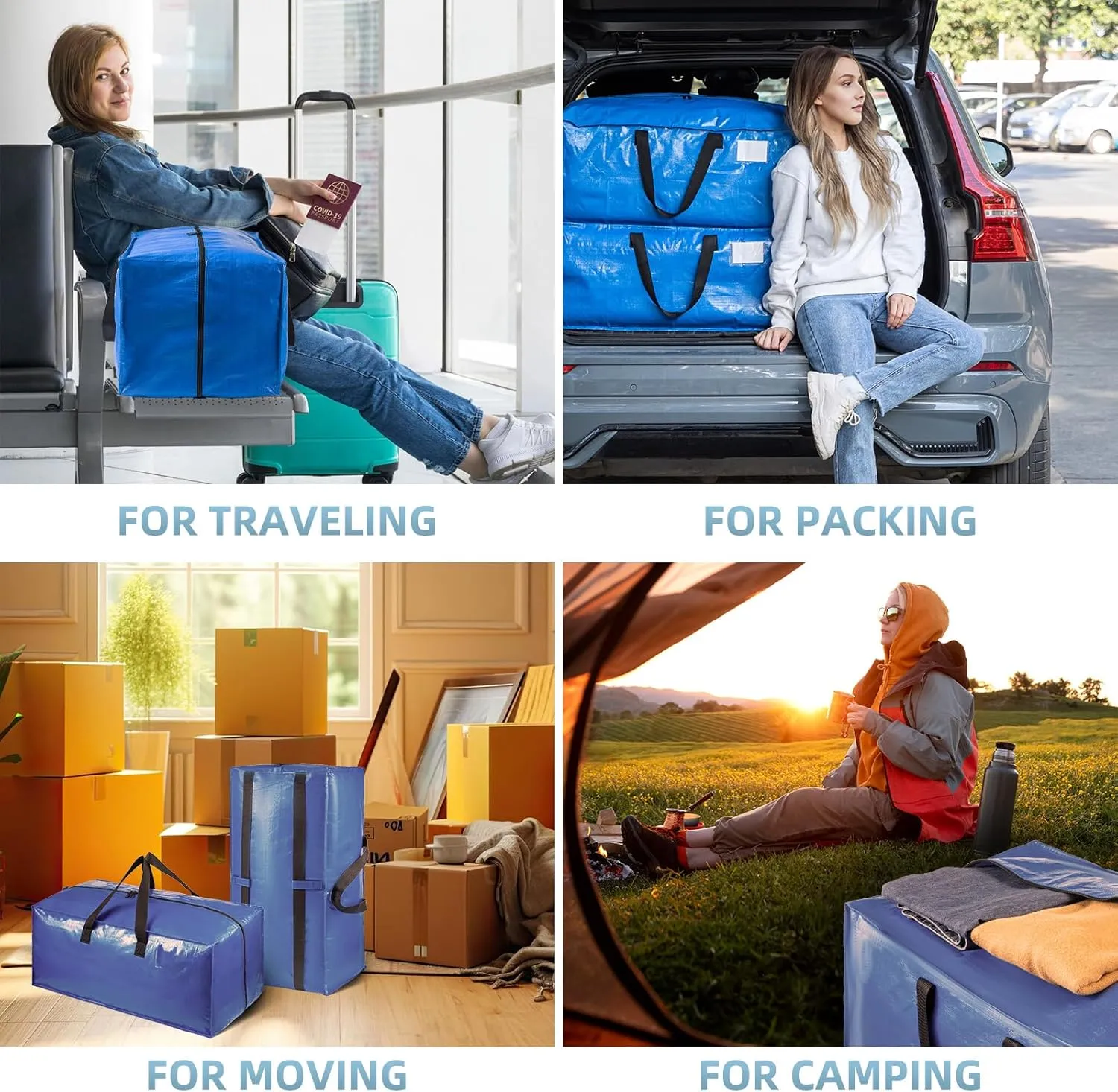 Blue 8 Packs Extra Large Moving Bags with Backpack Straps & Carrying Handles, Heavy-Duty Moving Boxes with Sturdy Zippers, Foldable Storage Totes for Dorm College Packing Supplies