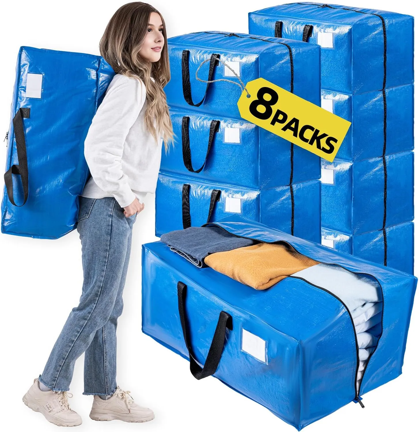 Blue 8 Packs Extra Large Moving Bags with Backpack Straps & Carrying Handles, Heavy-Duty Moving Boxes with Sturdy Zippers, Foldable Storage Totes for Dorm College Packing Supplies