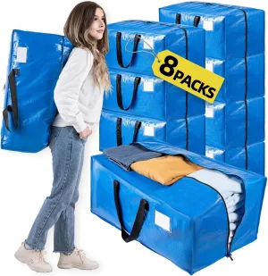 Blue 8 Packs Extra Large Moving Bags with Backpack Straps & Carrying Handles, Heavy-Duty Moving Boxes with Sturdy Zippers, Foldable Storage Totes for Dorm College Packing Supplies