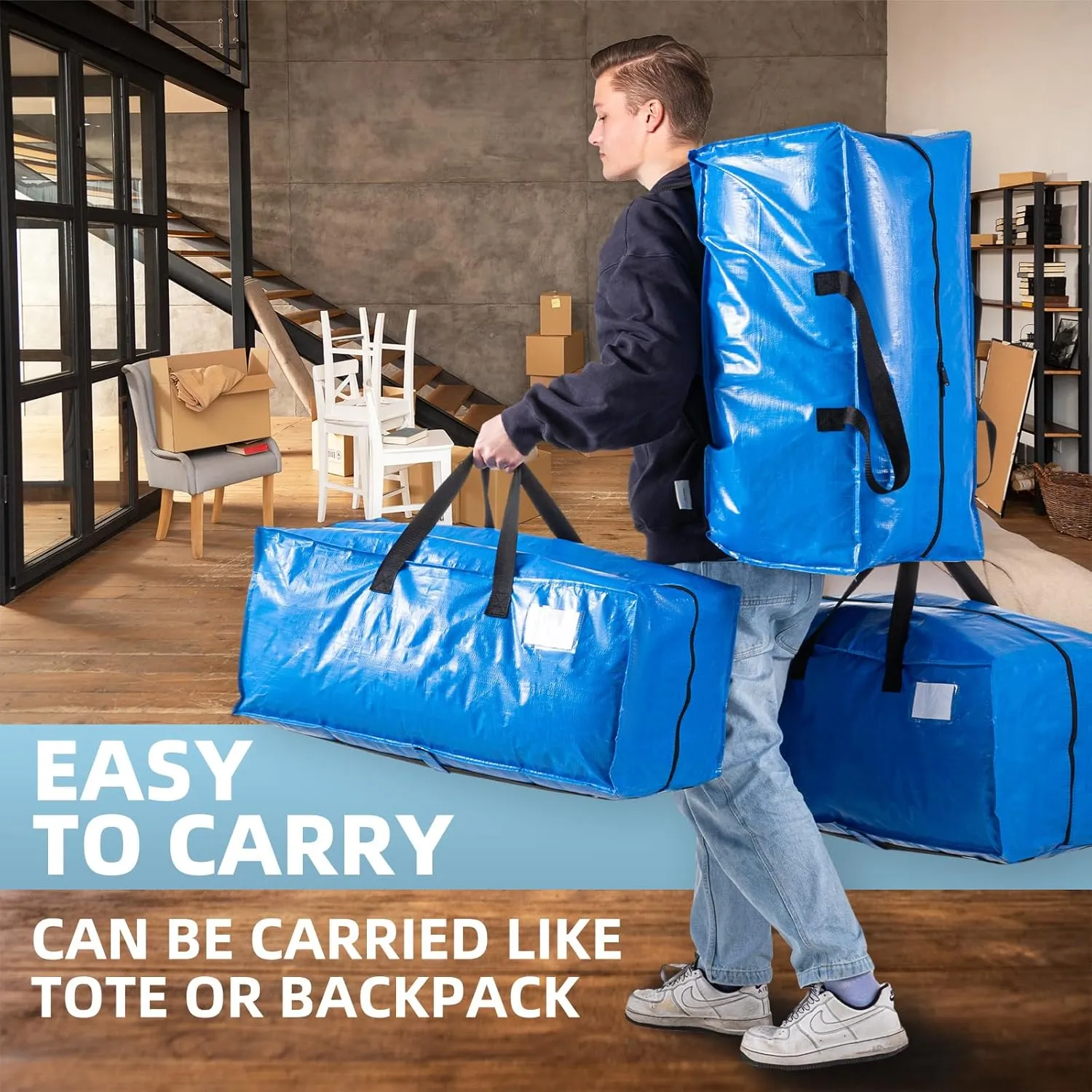 Blue 8 Packs Extra Large Moving Bags with Backpack Straps & Carrying Handles, Heavy-Duty Moving Boxes with Sturdy Zippers, Foldable Storage Totes for Dorm College Packing Supplies