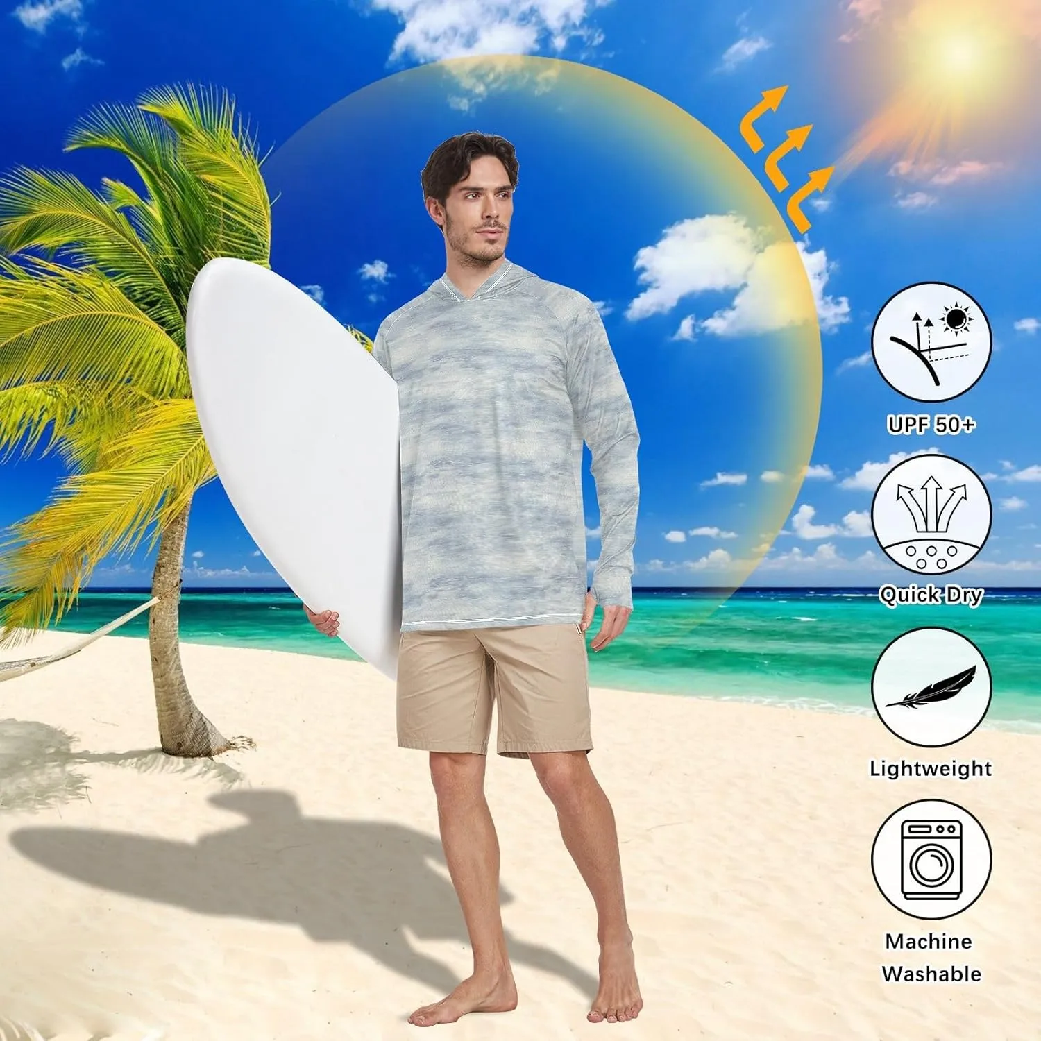 Blues and Gray Mens Sun Shirts Protection Long Sleeve Sun Shirt with Hood UPF 50  Sunproof Shirts Rashguard for Men