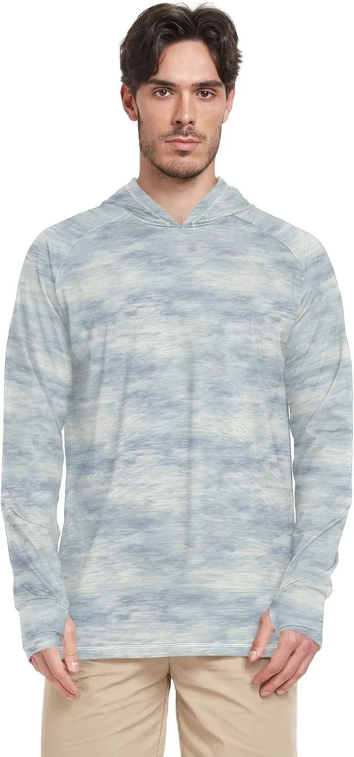 Blues and Gray Mens Sun Shirts Protection Long Sleeve Sun Shirt with Hood UPF 50  Sunproof Shirts Rashguard for Men