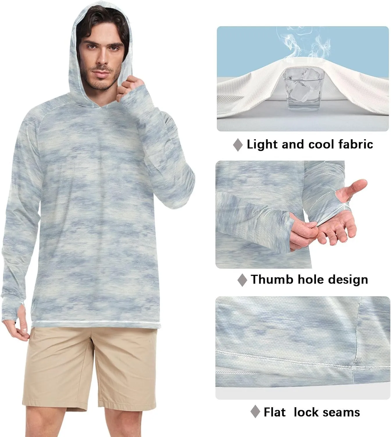 Blues and Gray Mens Sun Shirts Protection Long Sleeve Sun Shirt with Hood UPF 50  Sunproof Shirts Rashguard for Men