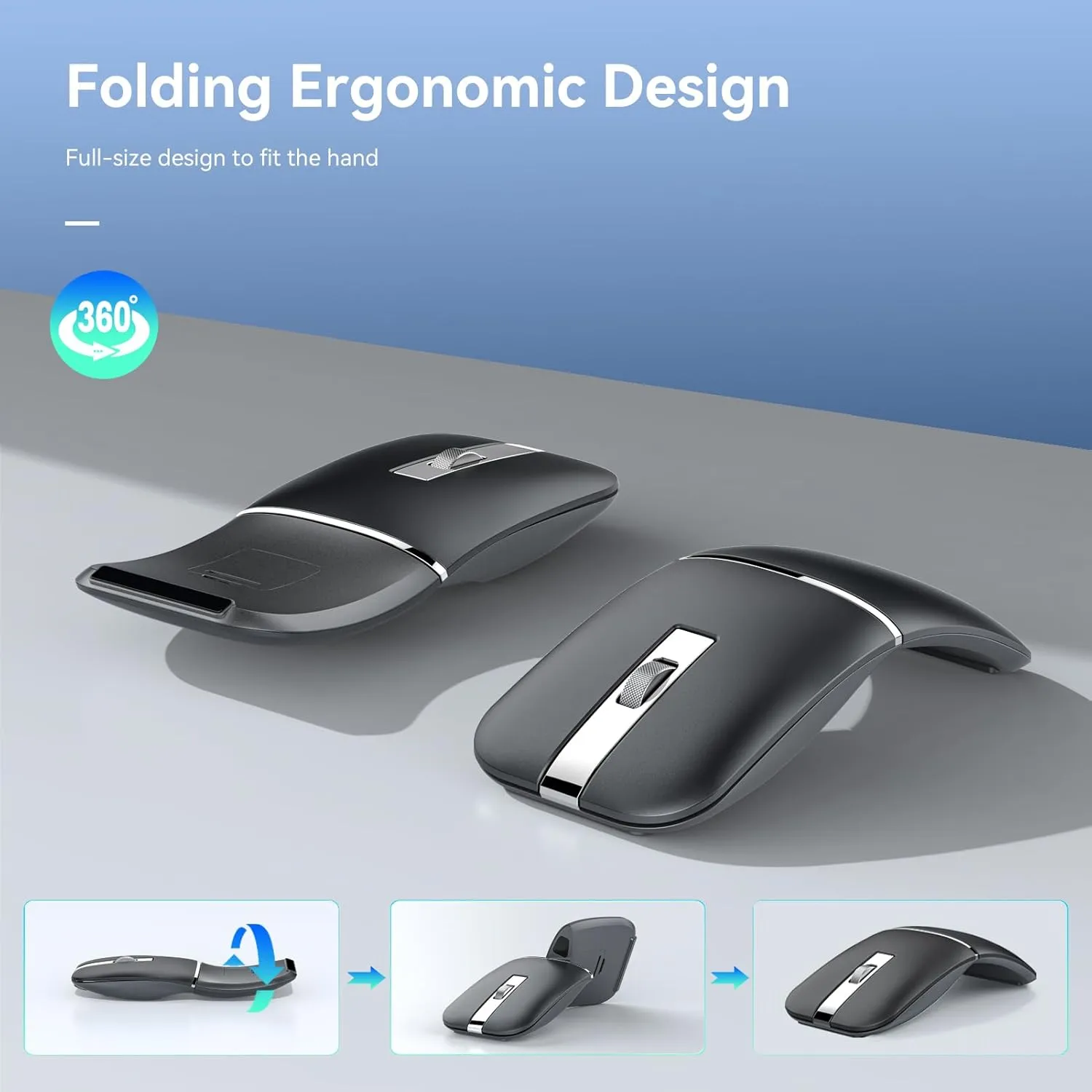 Bluetooth Wireless Arc Travel Mouse, Dual Model (2.4G BT5.1) Rotating Foldable Mouse for Microsoft, Rechargeable Slim Portable Mice for Laptop, Notebook, PC, MacBook, Chromebook, Lenovo - Black