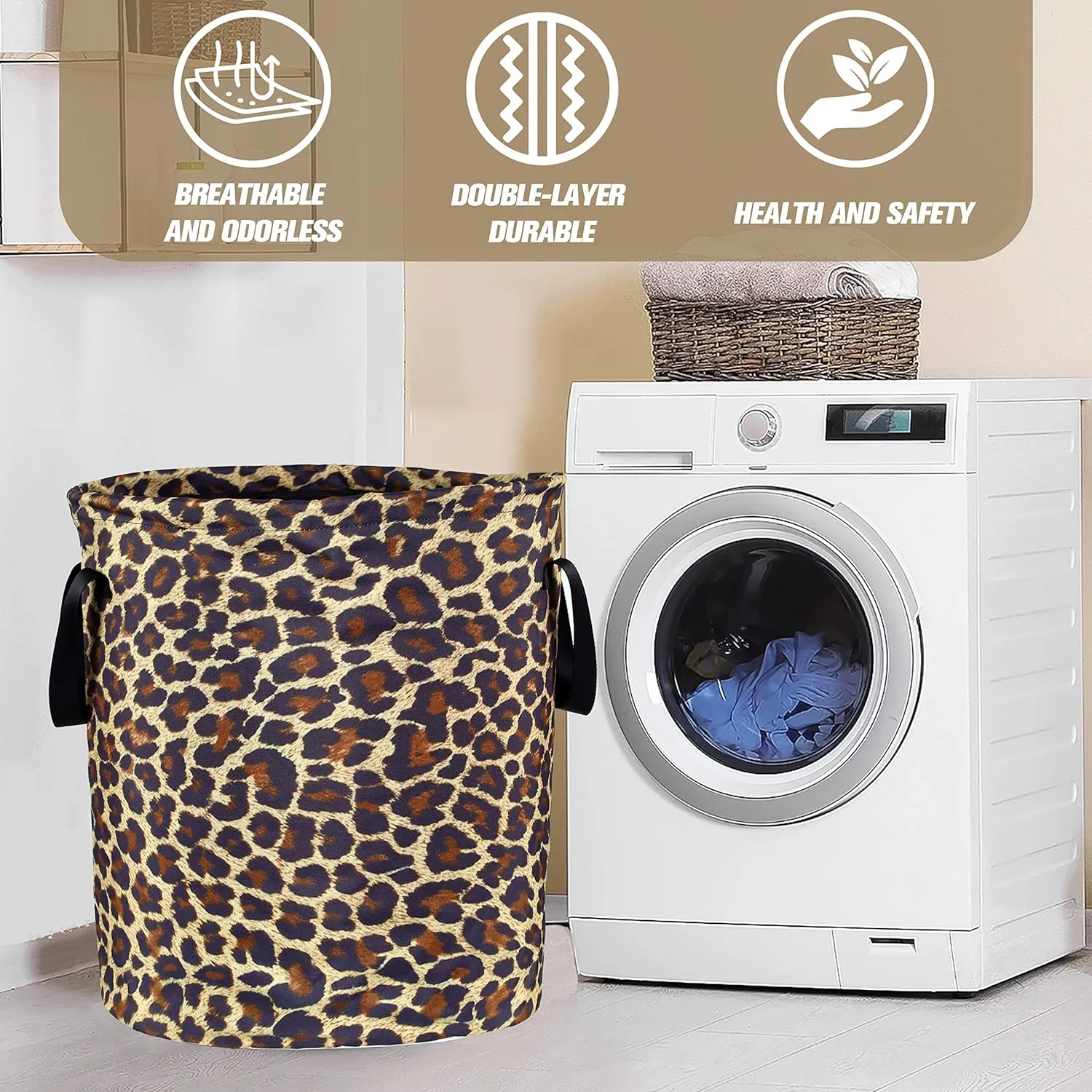 Brown Leopard Laundry Basket Foldable Oxford Cloth Funny Tote Bag Laundry Hamper Clothes Storage Bucket Organizer For Bathroom/Laundry Storage/Bedroom Storage Basket 17.7x13.7 Inch