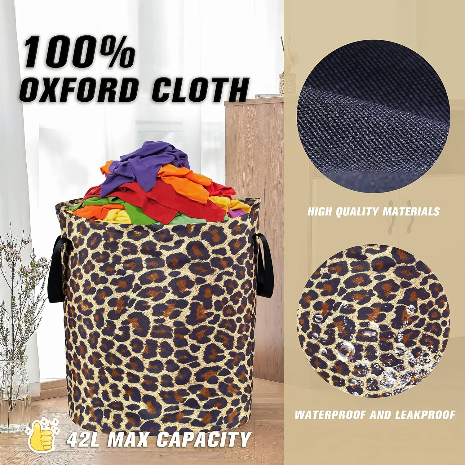 Brown Leopard Laundry Basket Foldable Oxford Cloth Funny Tote Bag Laundry Hamper Clothes Storage Bucket Organizer For Bathroom/Laundry Storage/Bedroom Storage Basket 17.7x13.7 Inch