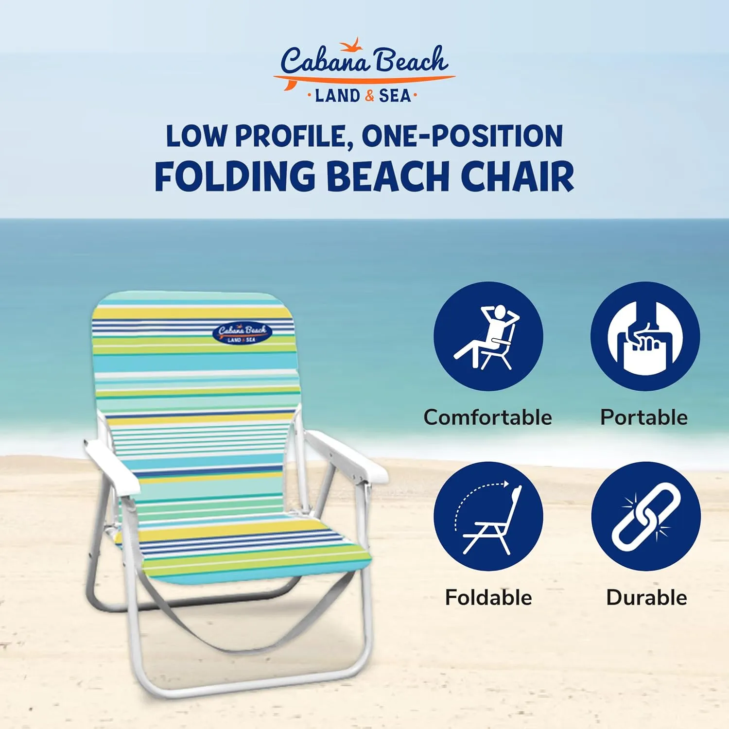 Cabana Beach Folding Beach Chair, 1 Position Lightweight and Portable Foldable Outdoor Camping Accessories with Carry Strap, Cool Multi Stripe