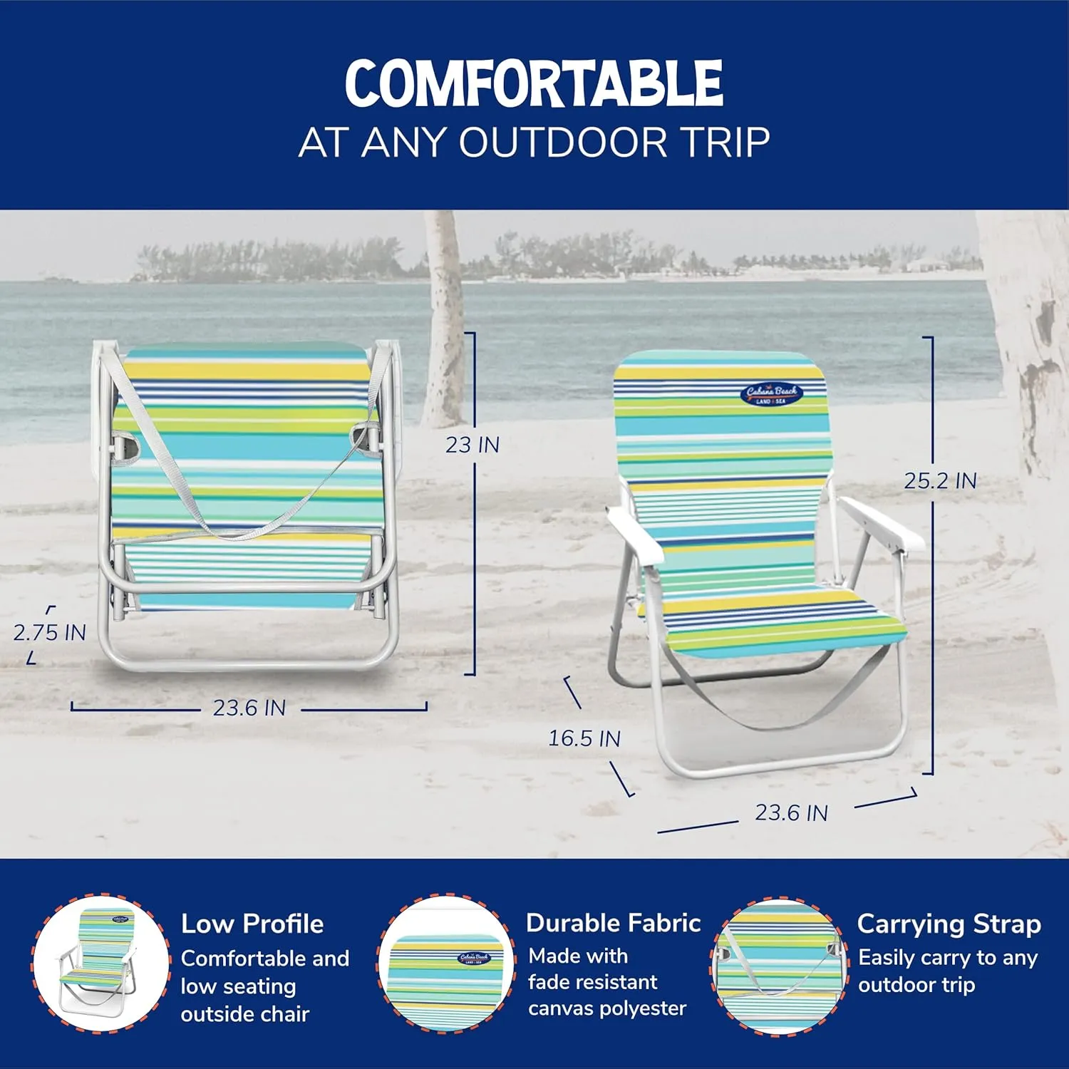 Cabana Beach Folding Beach Chair, 1 Position Lightweight and Portable Foldable Outdoor Camping Accessories with Carry Strap, Cool Multi Stripe