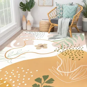 Capslpad Area Rugs 6x9, Boho Rugs for Living Room, Washable Rugs, Low Pile Soft Non-Shedding, Yellow Botanical Print Rug for Bedroom, Office, Classroom, Nursery, Dining Room
