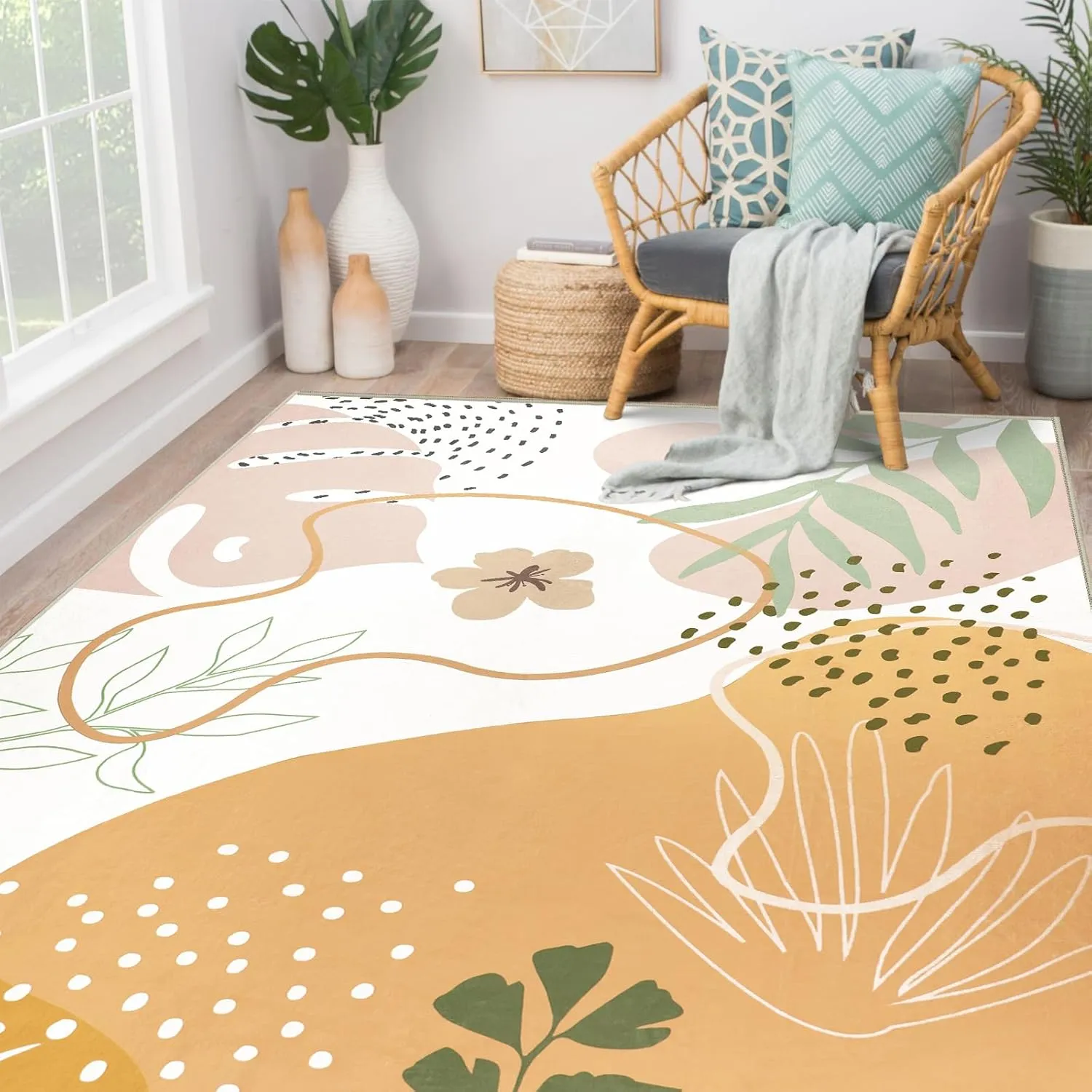 Capslpad Area Rugs 6x9, Boho Rugs for Living Room, Washable Rugs, Low Pile Soft Non-Shedding, Yellow Botanical Print Rug for Bedroom, Office, Classroom, Nursery, Dining Room