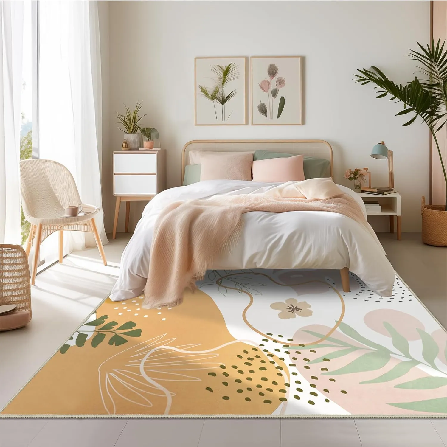 Capslpad Area Rugs 6x9, Boho Rugs for Living Room, Washable Rugs, Low Pile Soft Non-Shedding, Yellow Botanical Print Rug for Bedroom, Office, Classroom, Nursery, Dining Room