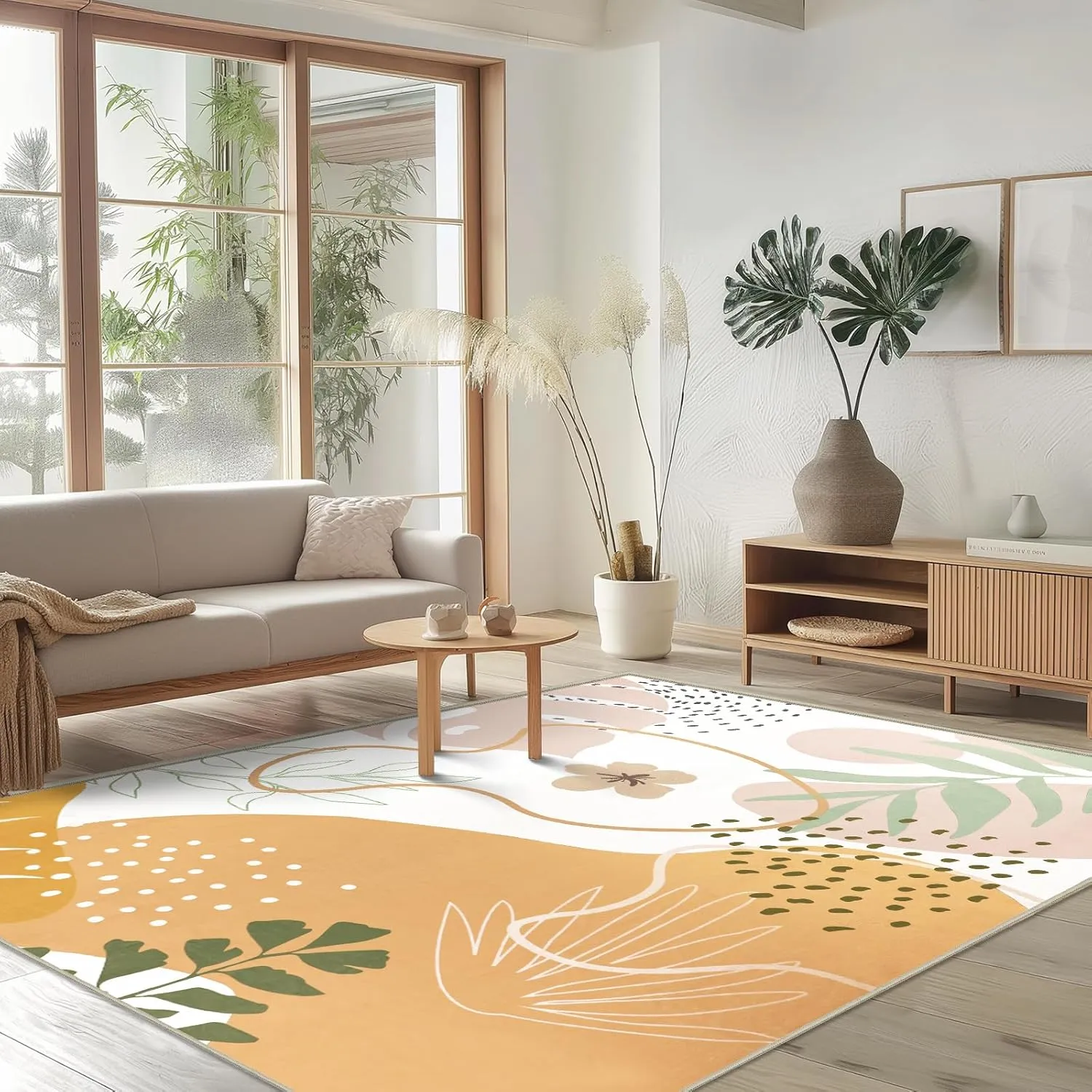 Capslpad Area Rugs 6x9, Boho Rugs for Living Room, Washable Rugs, Low Pile Soft Non-Shedding, Yellow Botanical Print Rug for Bedroom, Office, Classroom, Nursery, Dining Room