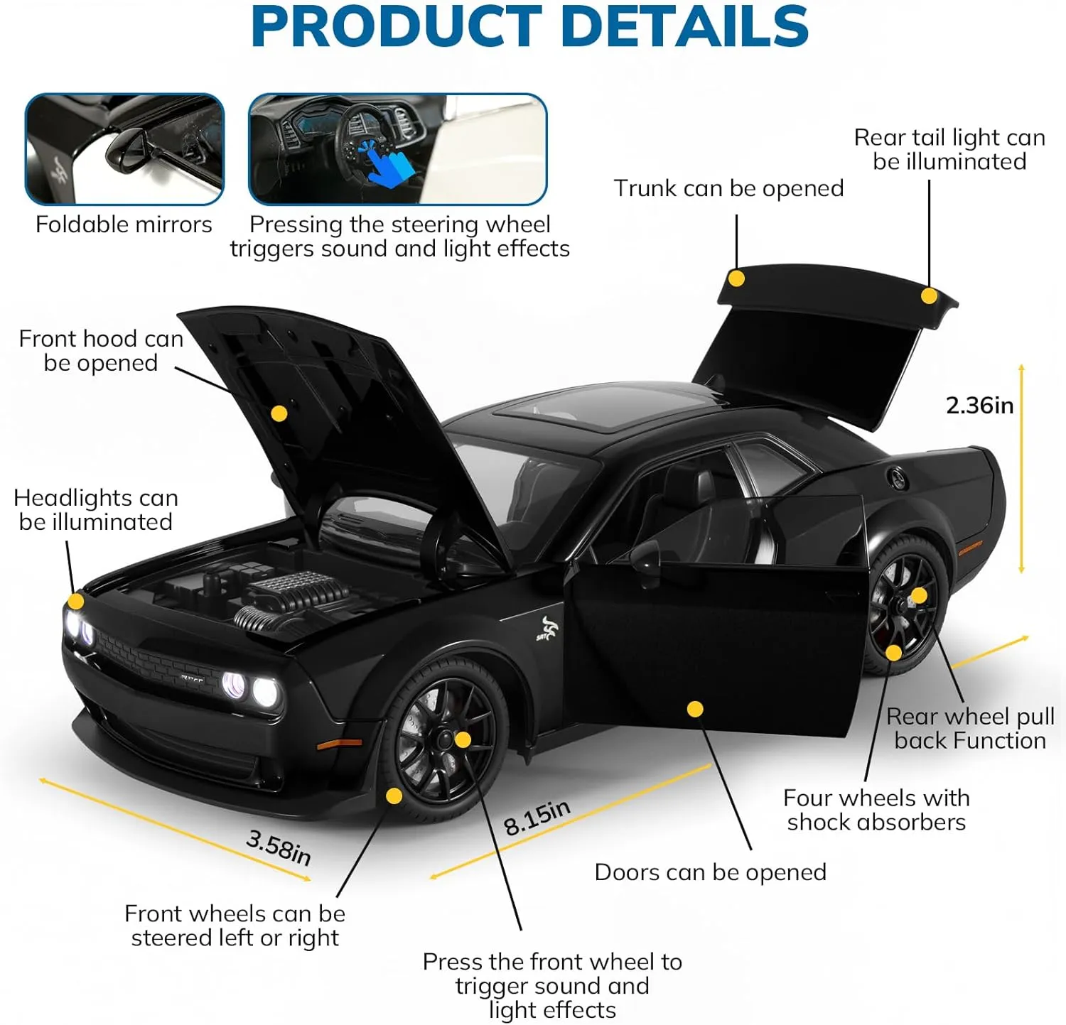 Car Toys for Boys 1/24 Diecast Cars Challenger Hellcat SRT Collectibles Model Kit,Pull Back Metal Toy Car with Lights and Sounds,Toy Cars for Boys Age 4-7（Black）