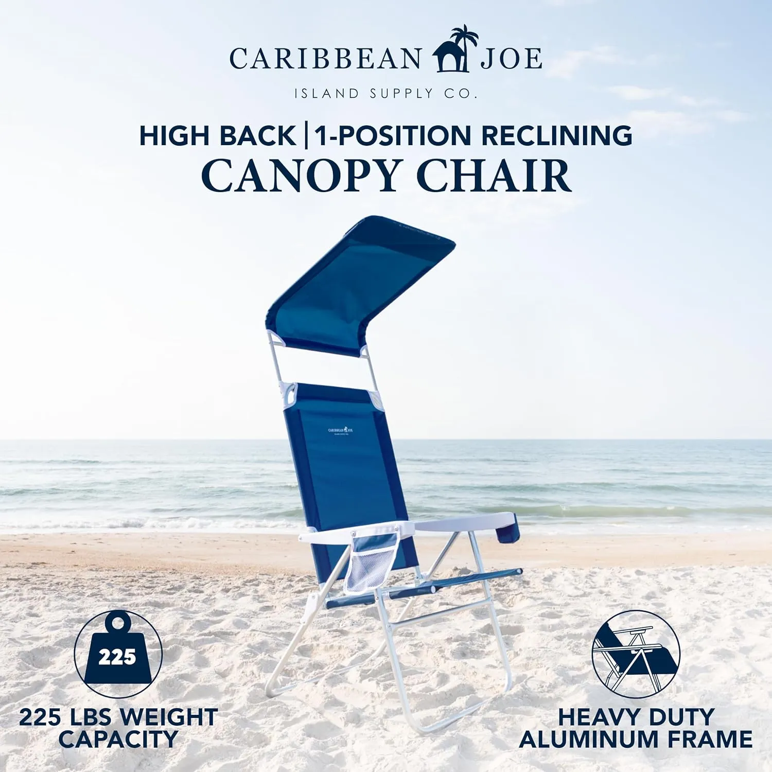 CARIBBEAN JOE Folding Beach Chair, 1 Position High Back Outdoor Camping Chair with Canopy, Lightweight and Portable