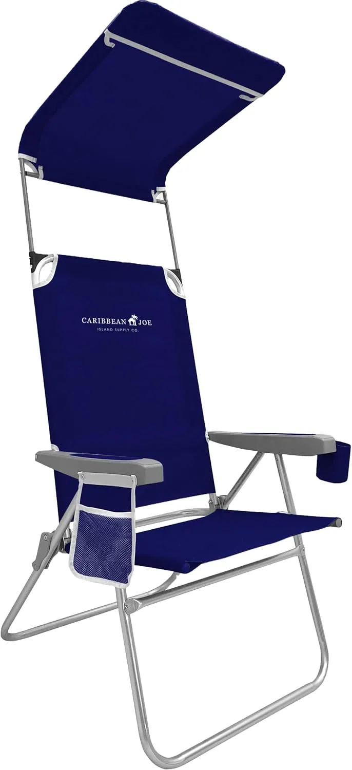 CARIBBEAN JOE Folding Beach Chair, 1 Position High Back Outdoor Camping Chair with Canopy, Lightweight and Portable
