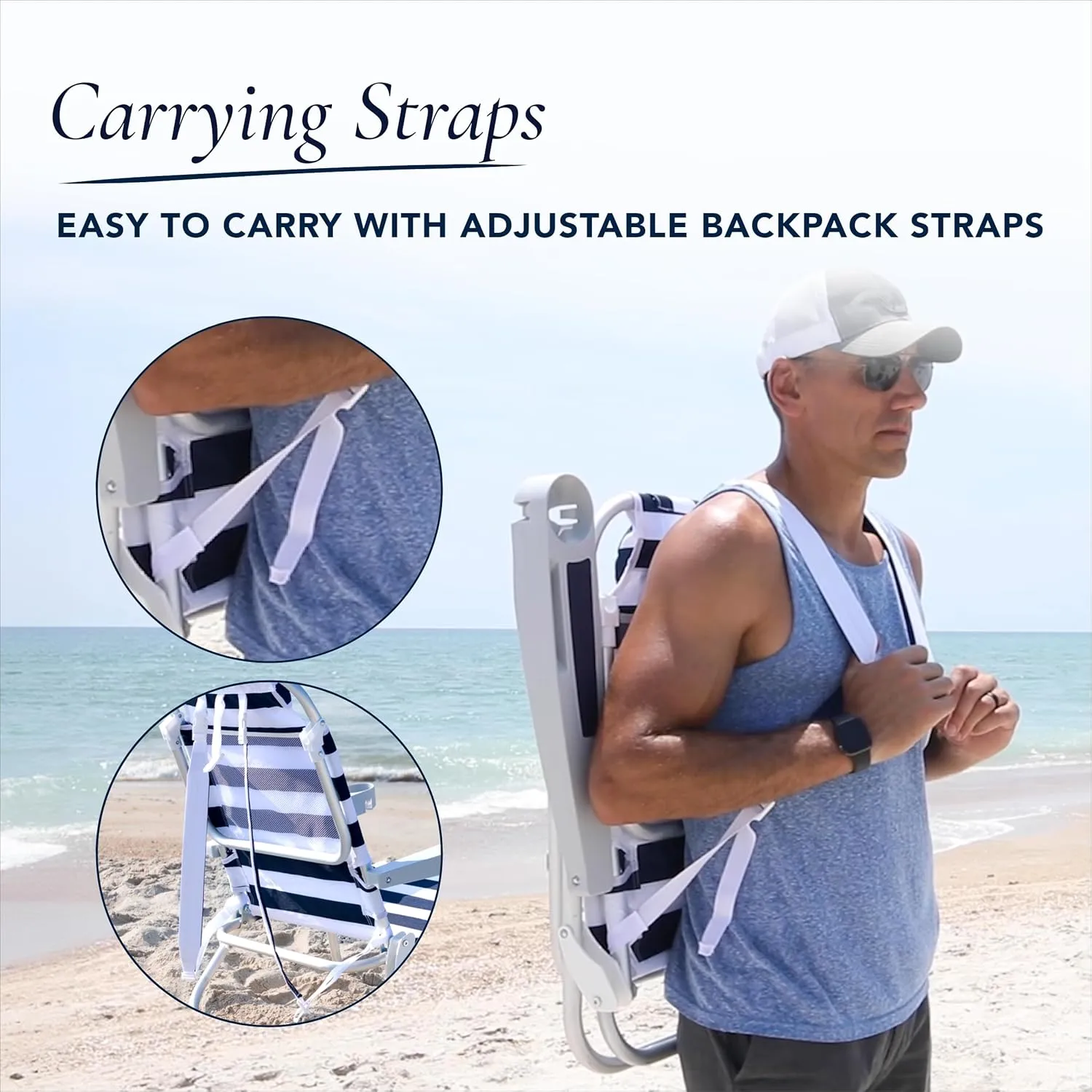 CARIBBEAN JOE Folding Beach Chair, 5 Position Portable Backpack Foldable Camping Chair with Headrest and Cup Holder Armrests, Navy/White Stripe