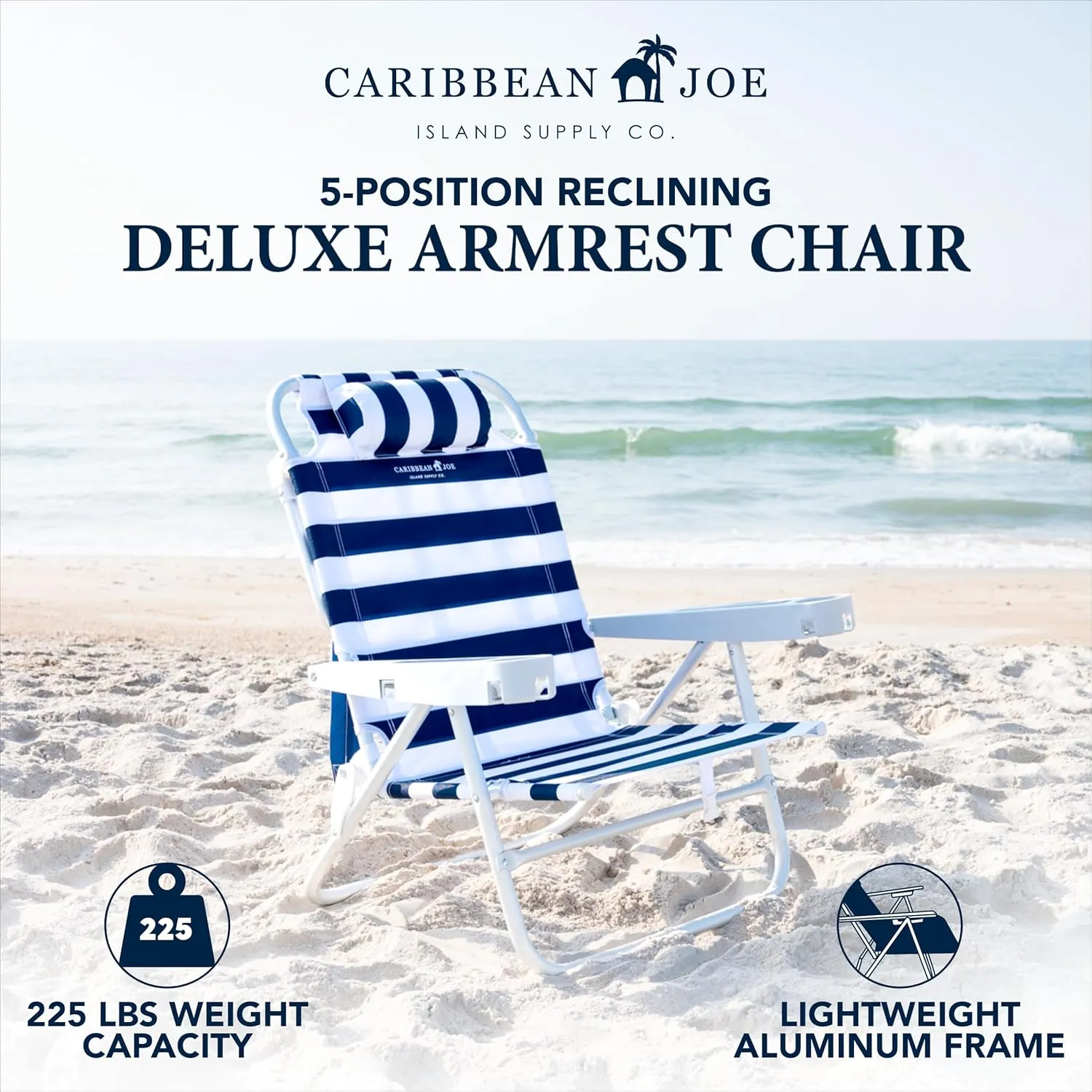 CARIBBEAN JOE Folding Beach Chair, 5 Position Portable Backpack Foldable Camping Chair with Headrest and Cup Holder Armrests, Navy/White Stripe