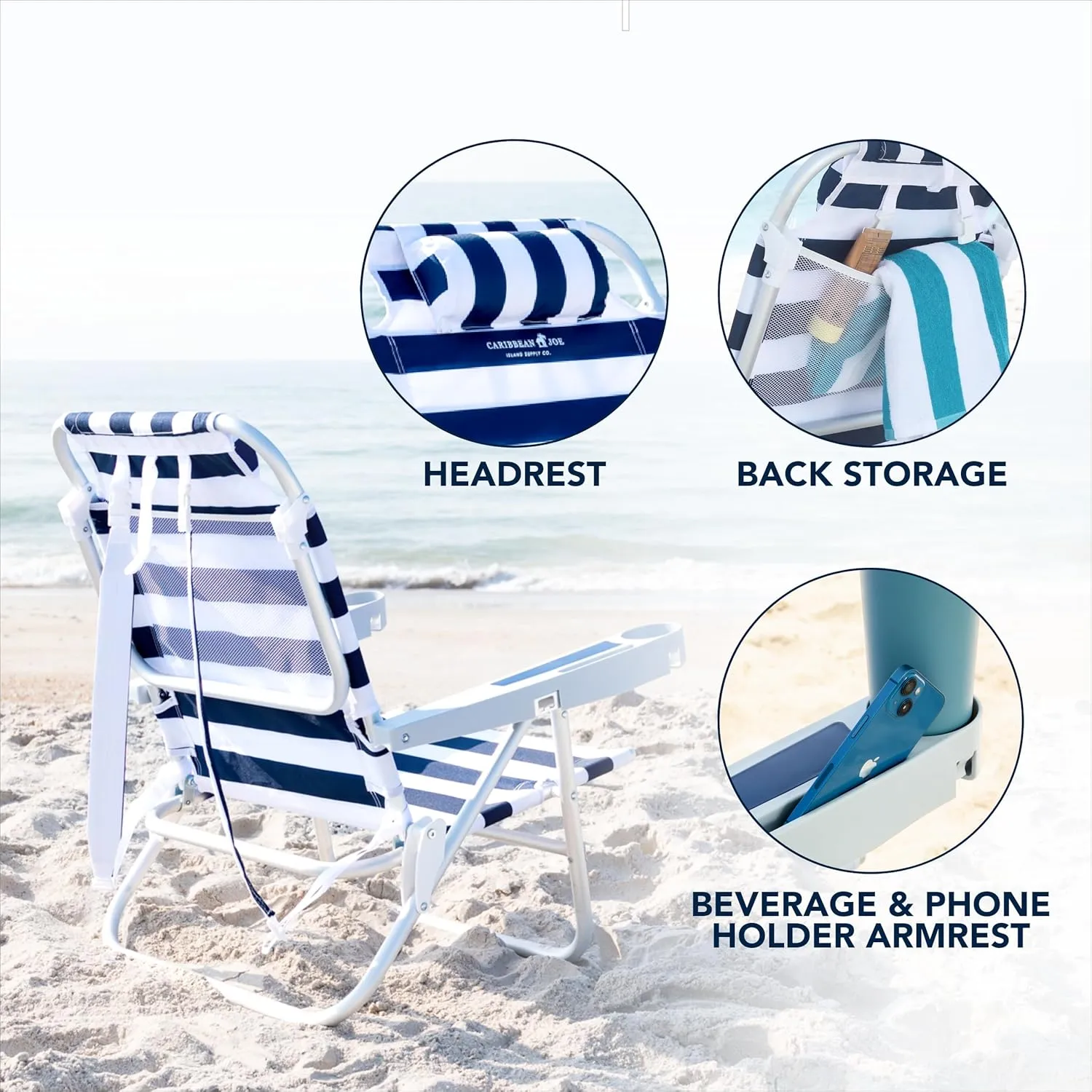 CARIBBEAN JOE Folding Beach Chair, 5 Position Portable Backpack Foldable Camping Chair with Headrest and Cup Holder Armrests, Navy/White Stripe