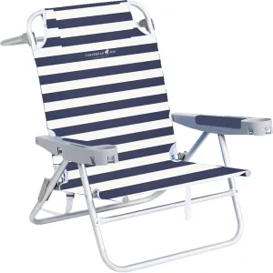 CARIBBEAN JOE Folding Beach Chair, 5 Position Portable Backpack Foldable Camping Chair with Headrest and Cup Holder Armrests, Navy/White Stripe