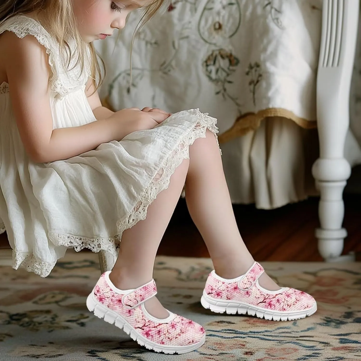 Cartoon Pink Print Girls Sneakers Mary Jane Shoes Dress Shoes for Toddler Lightweight Flat Shoes Anti-Slip School Uniform Shoes for Party,Travel